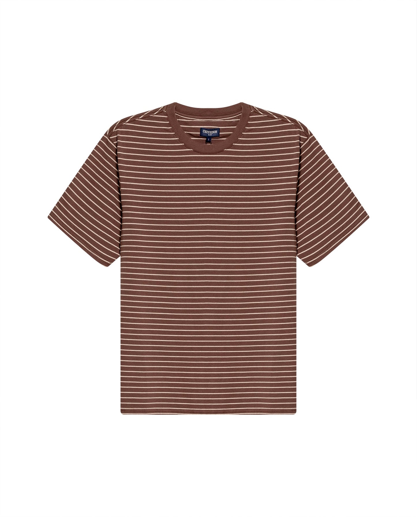 Men's T-Shirt Slim Fit Short Sleeve Cotton Elastane Stripe Fabric Flag Label Side Sleeve Nautical - Brown
