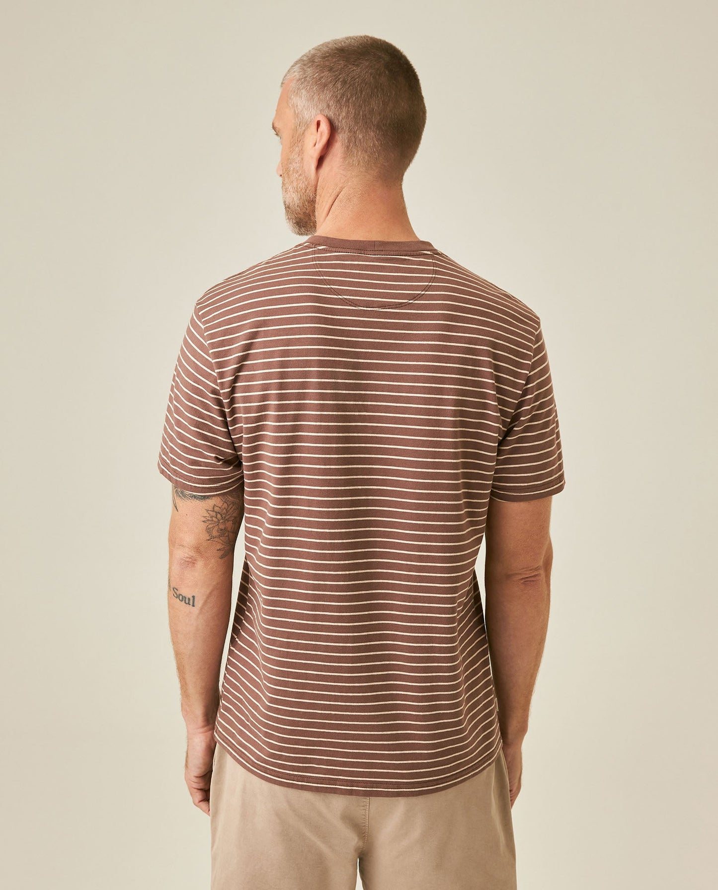 Men's T-Shirt Slim Fit Short Sleeve Cotton Elastane Stripe Fabric Flag Label Side Sleeve Nautical - Brown
