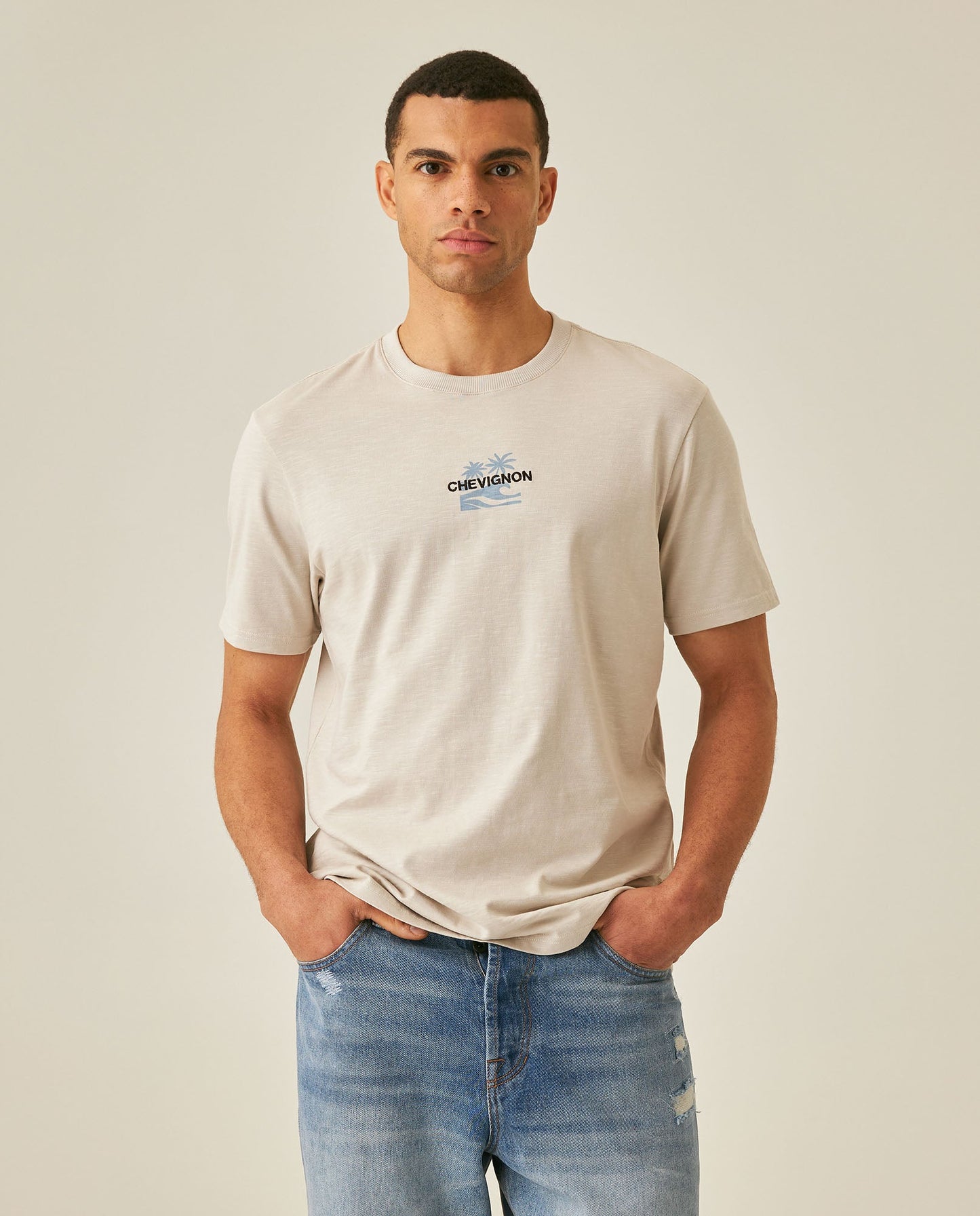 Men's T-Shirt Slim Fit Short Sleeve Cotton Jersey Double Knit  - Beige