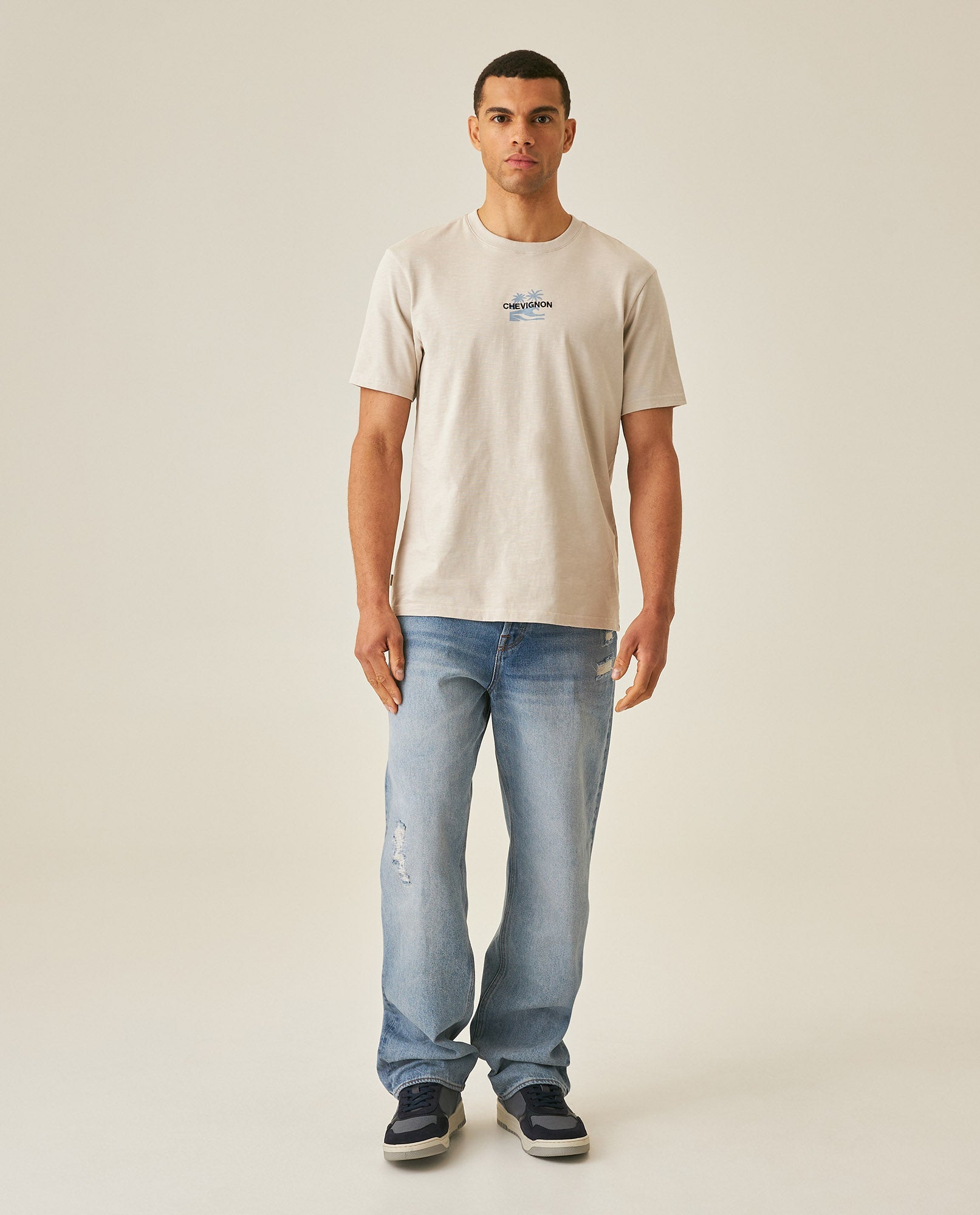 Men's T-Shirt Slim Fit Short Sleeve Cotton Jersey Double Knit  - Beige
