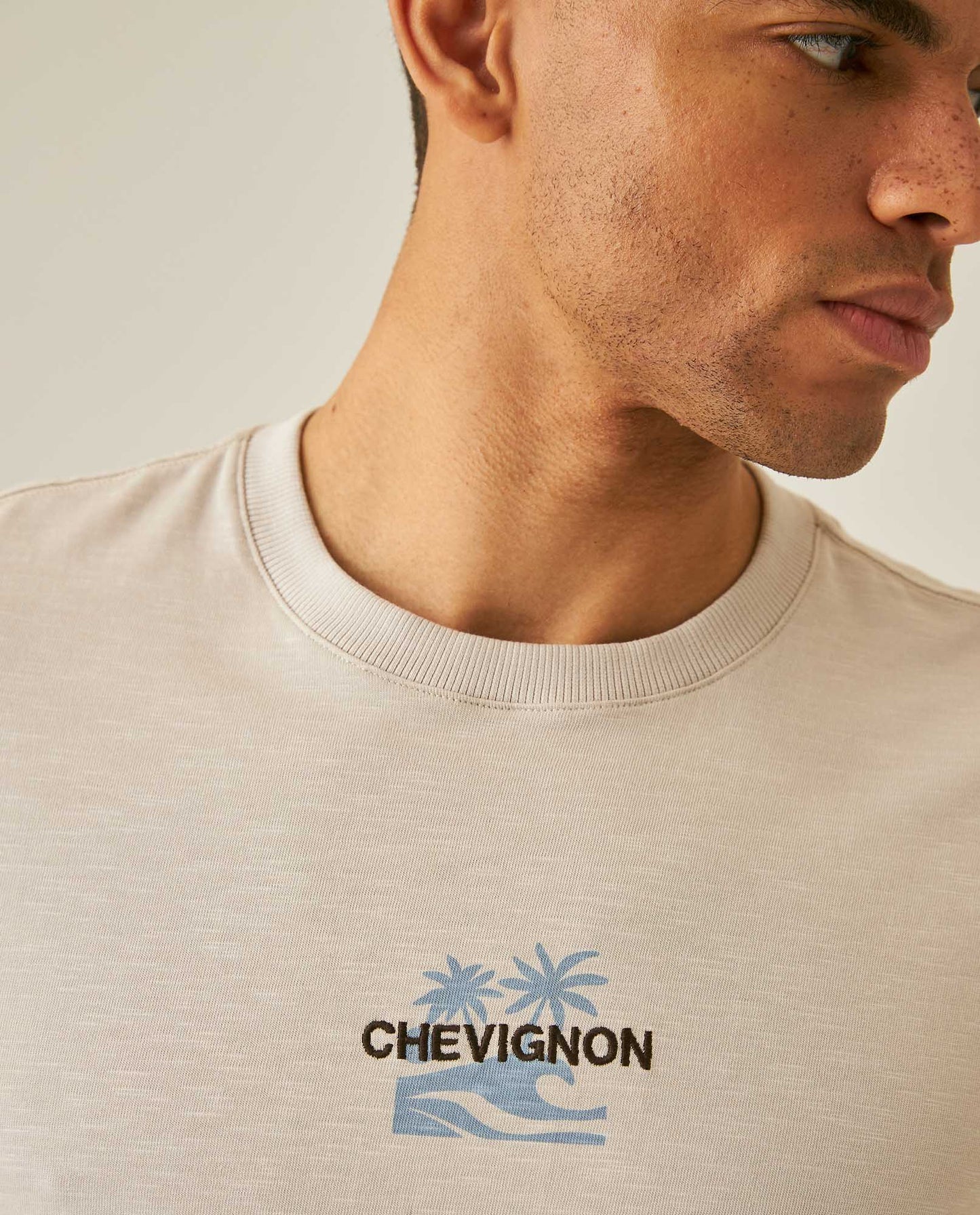 Men's T-Shirt Slim Fit Short Sleeve Cotton Jersey Double Knit  - Beige