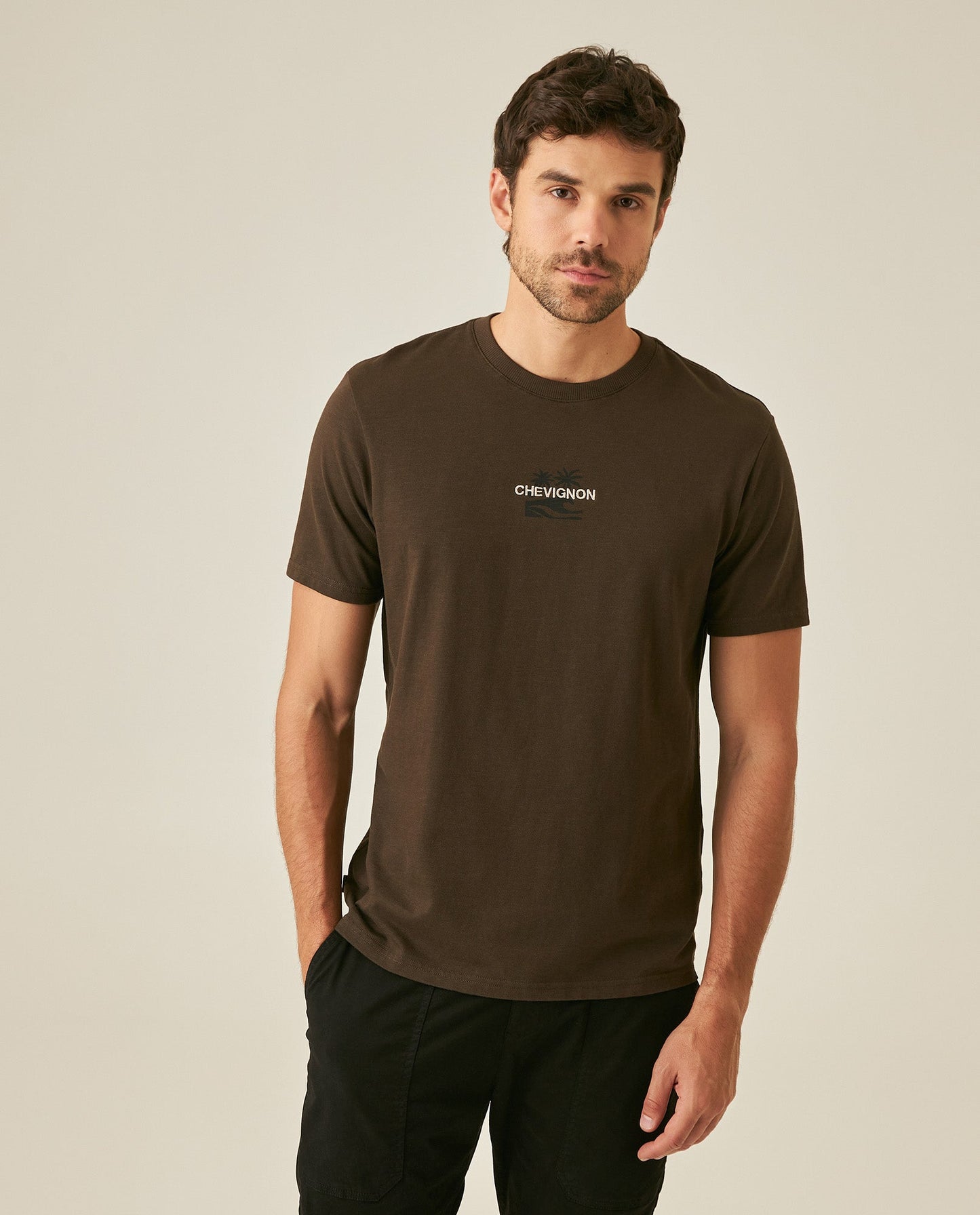 Men's T-Shirt Slim Fit Short Sleeve Cotton Jersey Double Knit Discreet Central Summer Graphic Side Vents - Brown