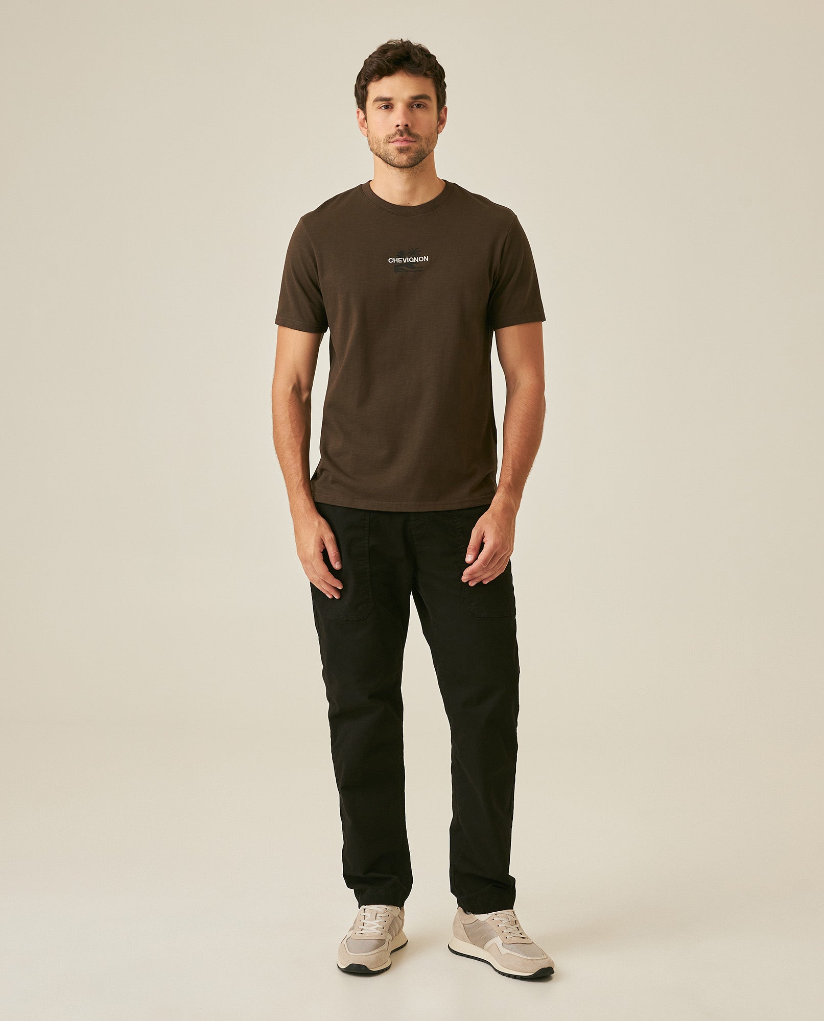 Men's T-Shirt Slim Fit Short Sleeve Cotton Jersey Double Knit Discreet Central Summer Graphic Side Vents - Brown