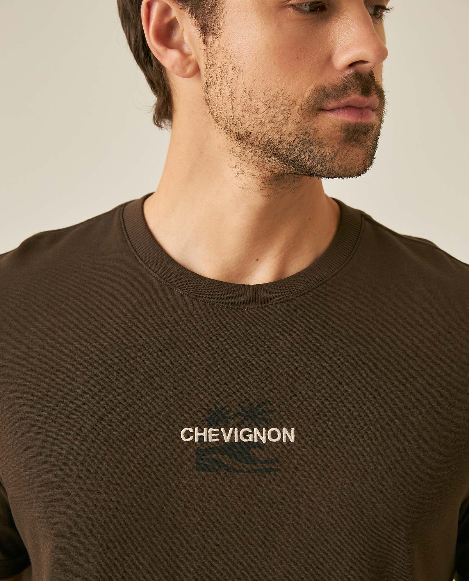 Men's T-Shirt Slim Fit Short Sleeve Cotton Jersey Double Knit Discreet Central Summer Graphic Side Vents - Brown