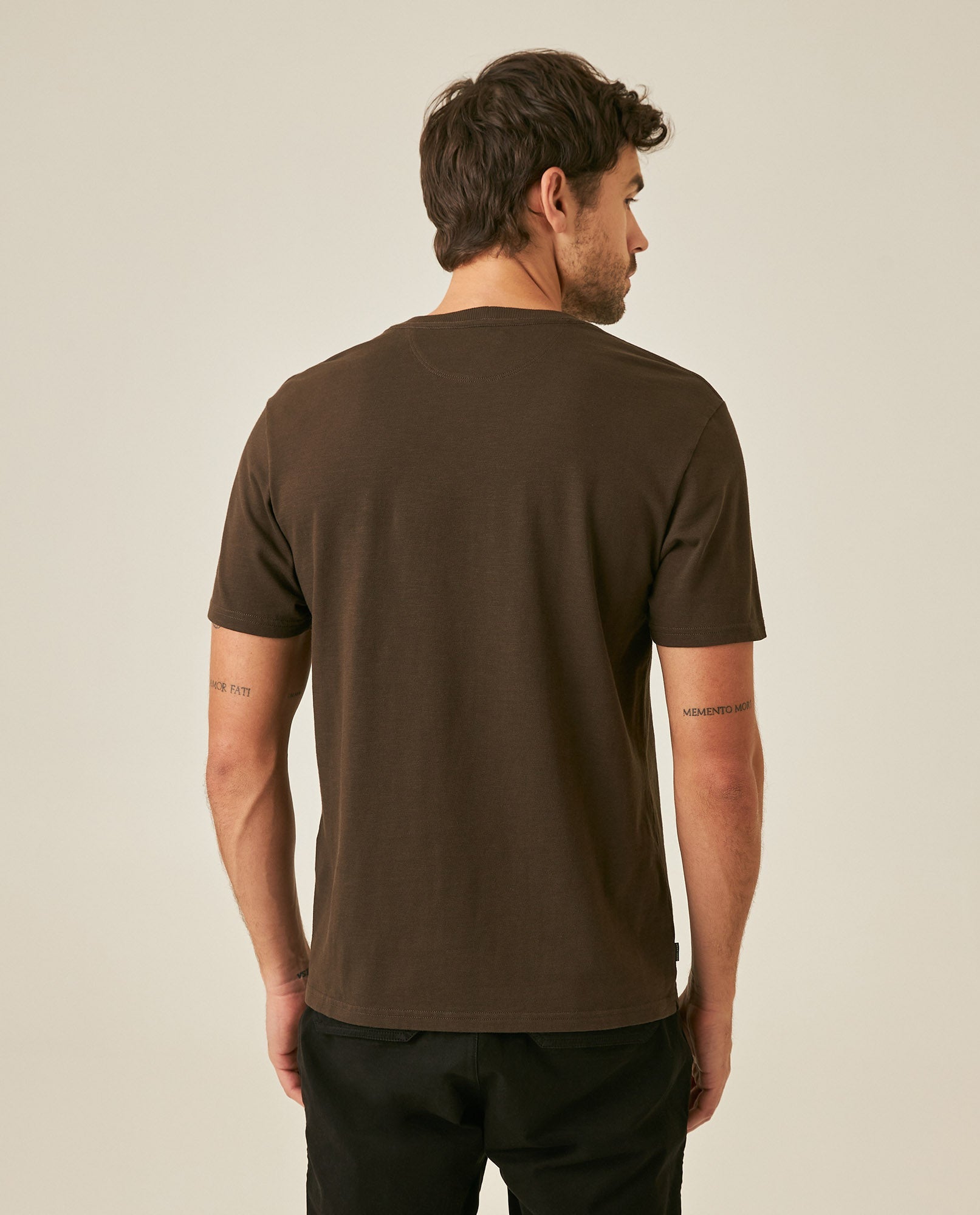 Men's T-Shirt Slim Fit Short Sleeve Cotton Jersey Double Knit Discreet Central Summer Graphic Side Vents - Brown