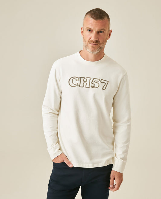 Men's T-Shirt Long Sleeve Classic Fit Cotton Elastane Jersey Heavy Chain Stitch Embroidered Graphic - Raw