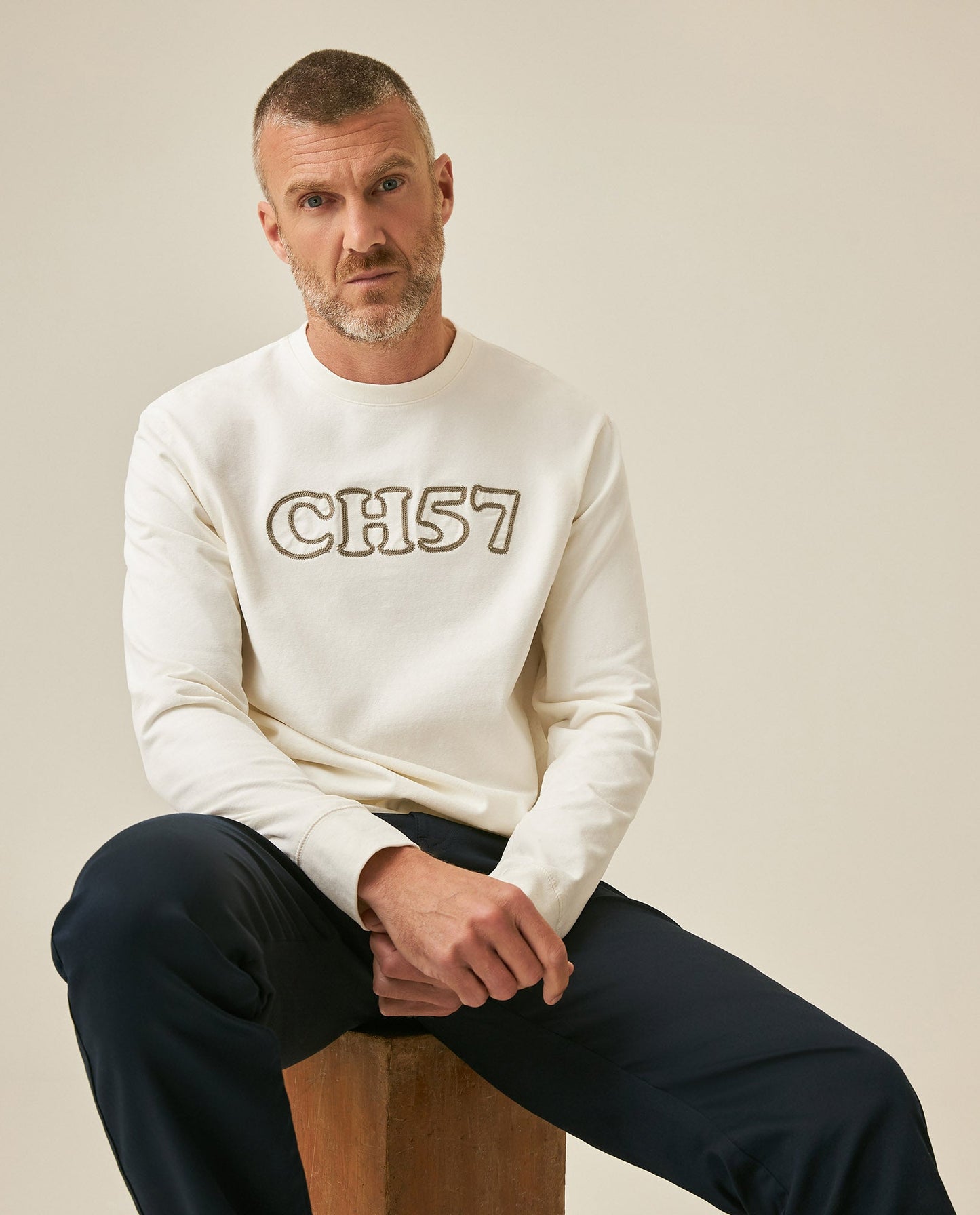 Men's T-Shirt Long Sleeve Classic Fit Cotton Elastane Jersey Heavy Chain Stitch Embroidered Graphic - Raw