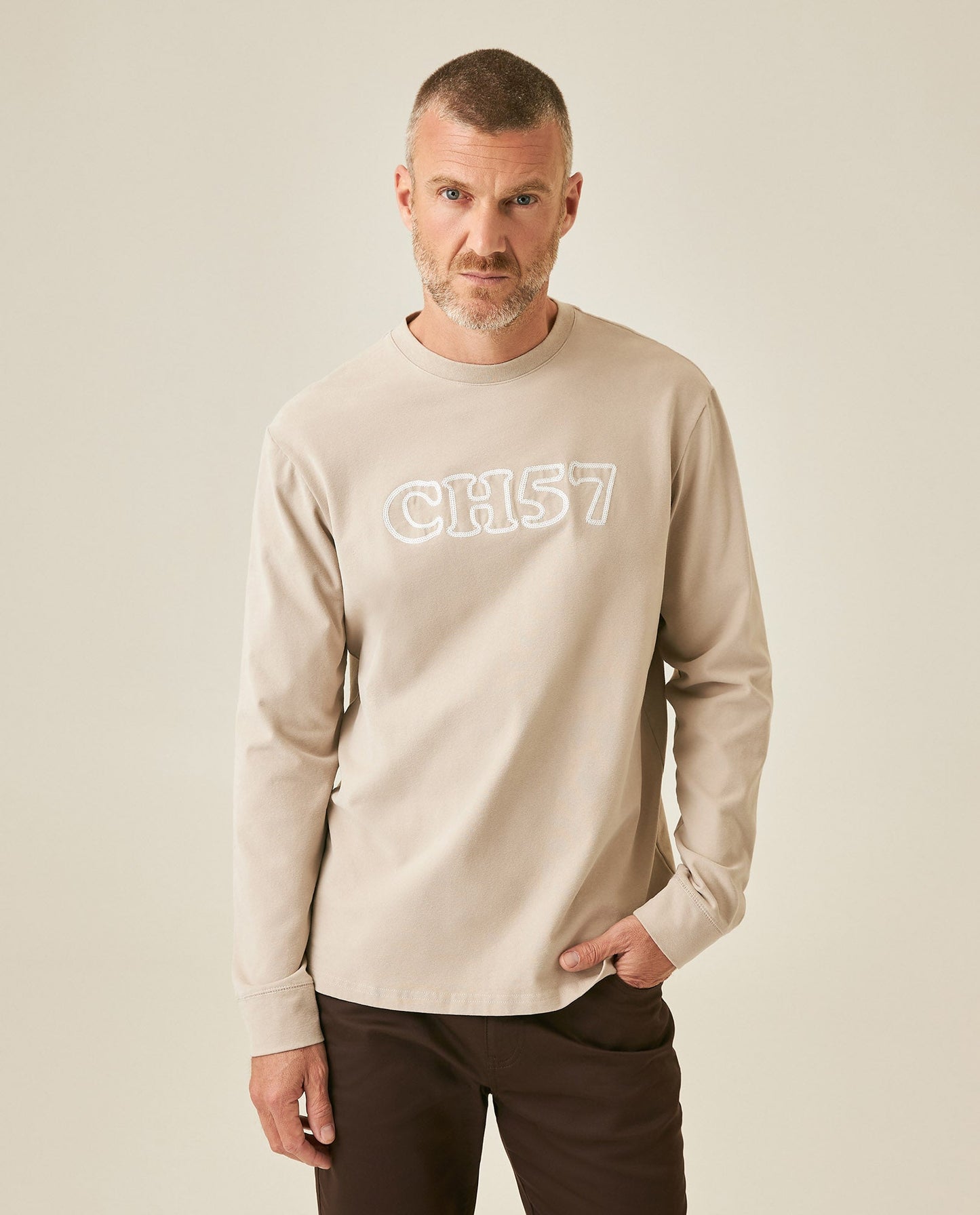 Men's T-Shirt Long Sleeve Classic Fit Cotton Elastane Jersey Heavy Chain Stitch Embroidered Graphic - Gray