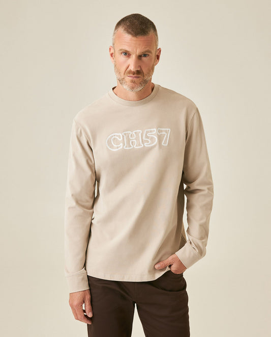 Men's T-Shirt Long Sleeve Classic Fit Cotton Elastane Jersey Heavy Chain Stitch Embroidered Graphic - Gray