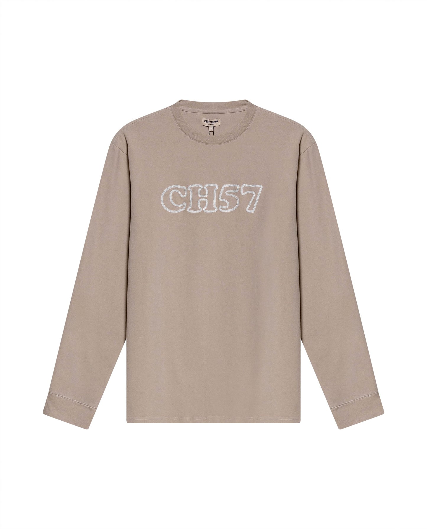 Men's T-Shirt Long Sleeve Classic Fit Cotton Elastane Jersey Heavy Chain Stitch Embroidered Graphic - Gray