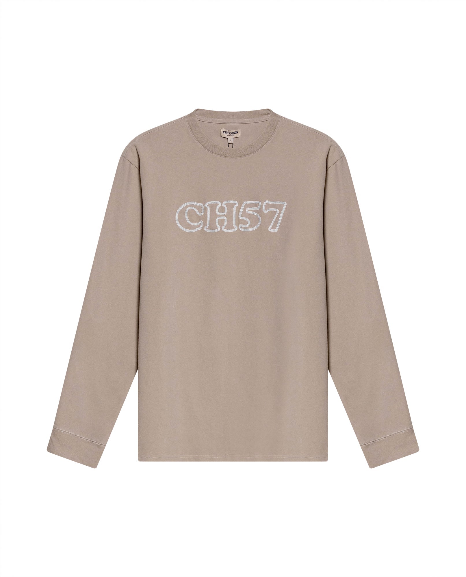 Men's T-Shirt Long Sleeve Classic Fit Cotton Elastane Jersey Heavy Chain Stitch Embroidered Graphic - Gray