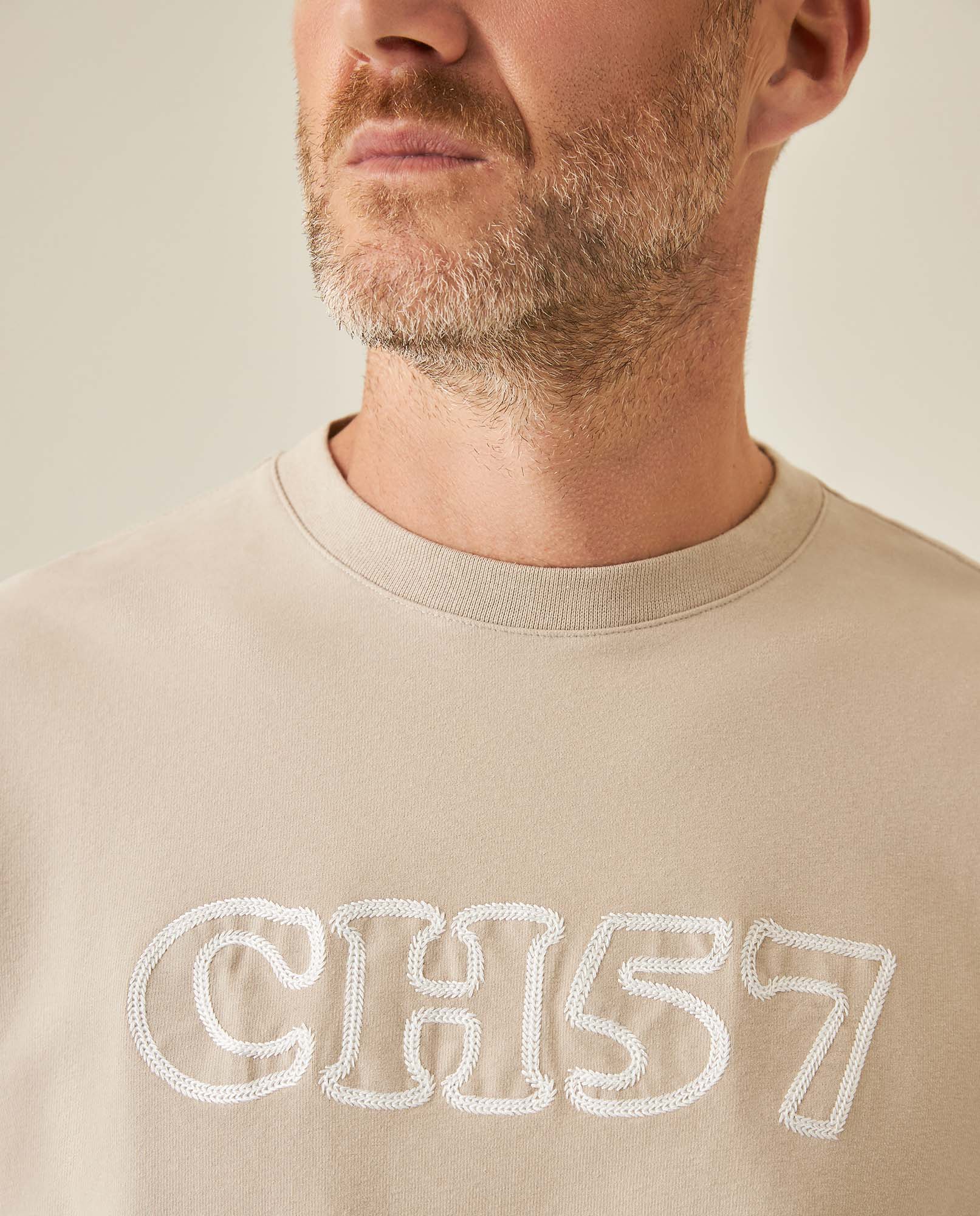Men's T-Shirt Long Sleeve Classic Fit Cotton Elastane Jersey Heavy Chain Stitch Embroidered Graphic - Gray
