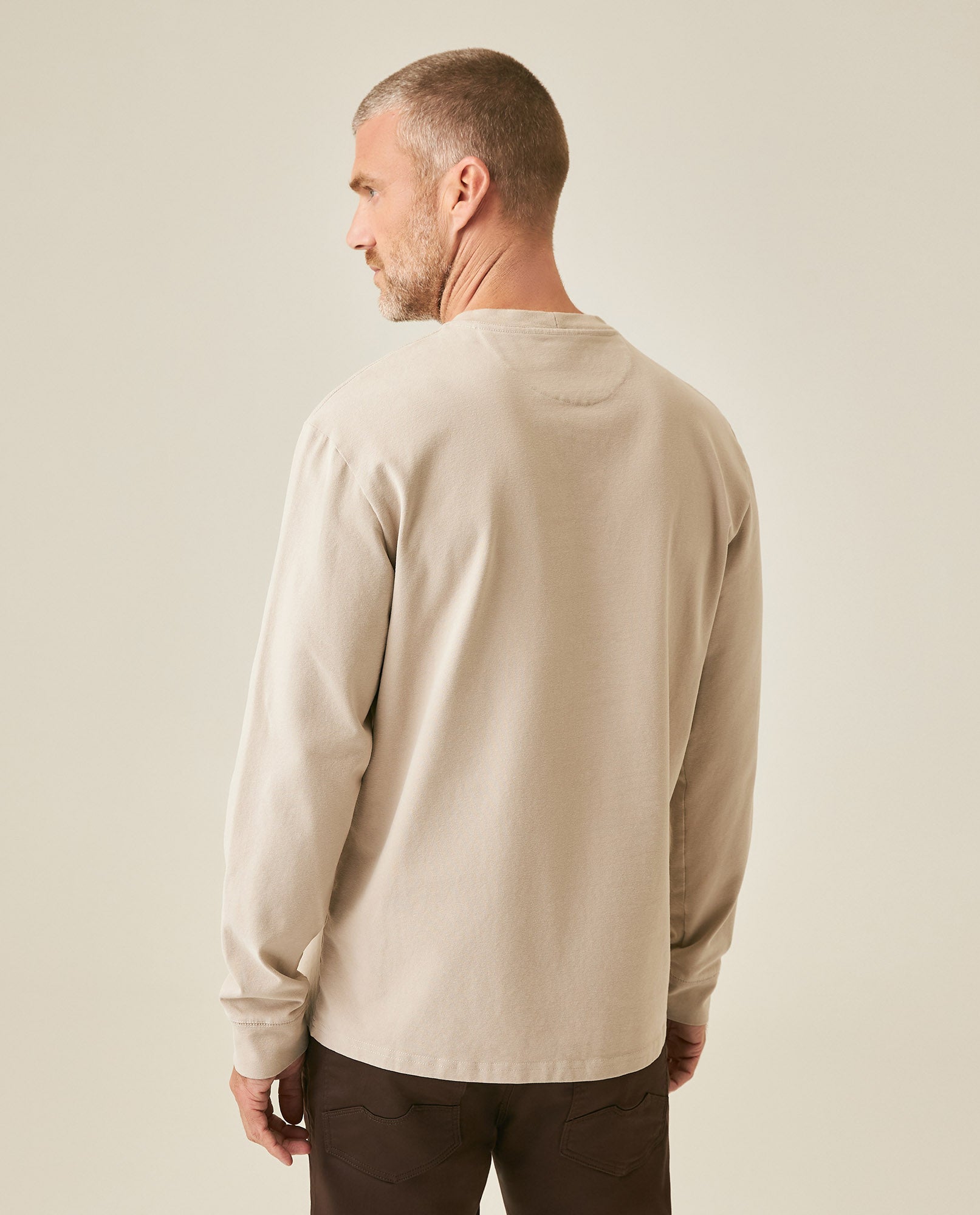 Men's T-Shirt Long Sleeve Classic Fit Cotton Elastane Jersey Heavy Chain Stitch Embroidered Graphic - Gray
