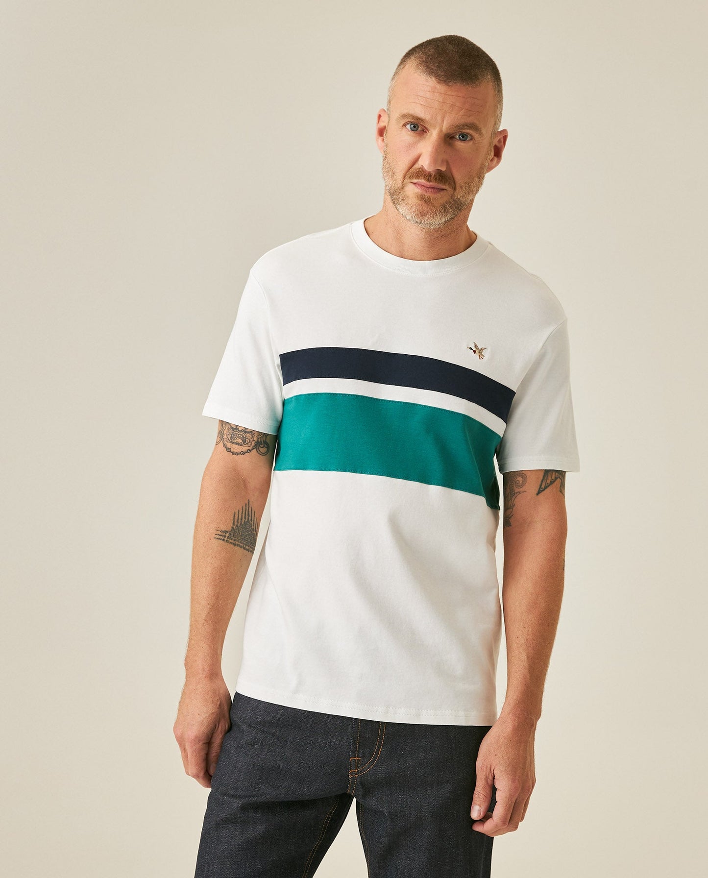 Men's T-Shirt Slim Fit Short Sleeve Cotton Jersey Normalized Varsity Color Blocks Tone on Tone Duck - Raw