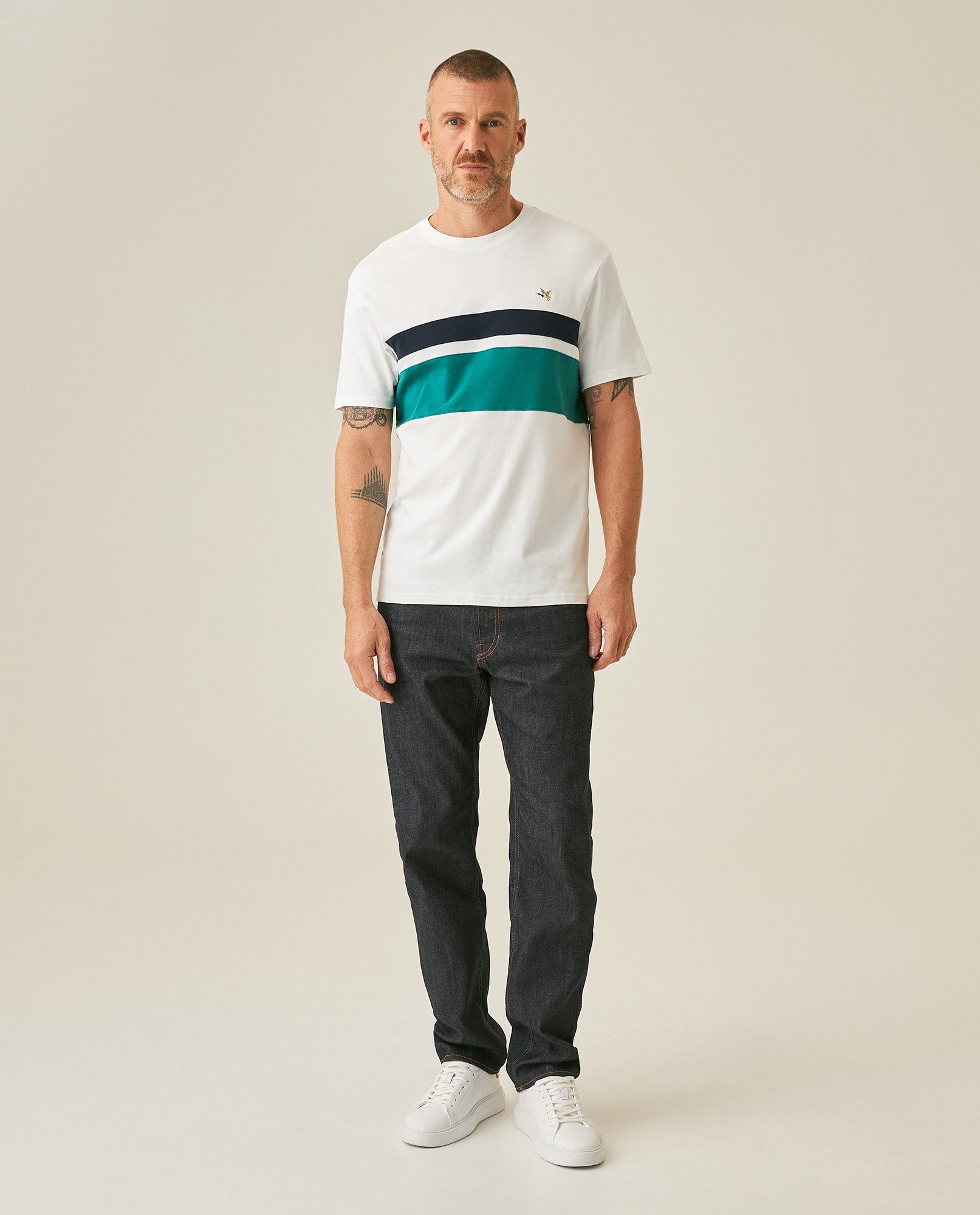 Men's T-Shirt Slim Fit Short Sleeve Cotton Jersey Normalized Varsity Color Blocks Tone on Tone Duck - Raw