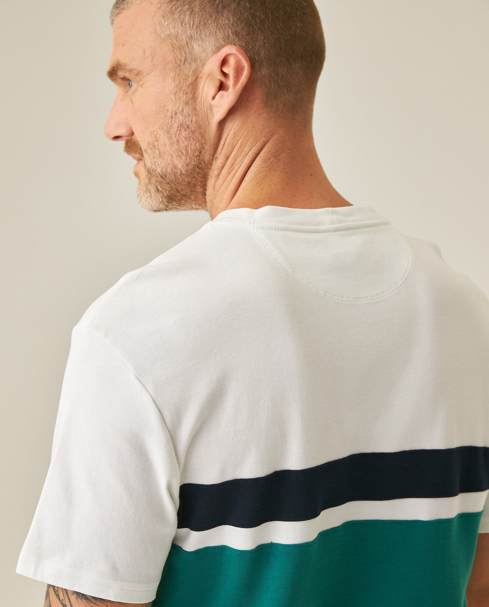 Men's T-Shirt Slim Fit Short Sleeve Cotton Jersey Normalized Varsity Color Blocks Tone on Tone Duck - Raw