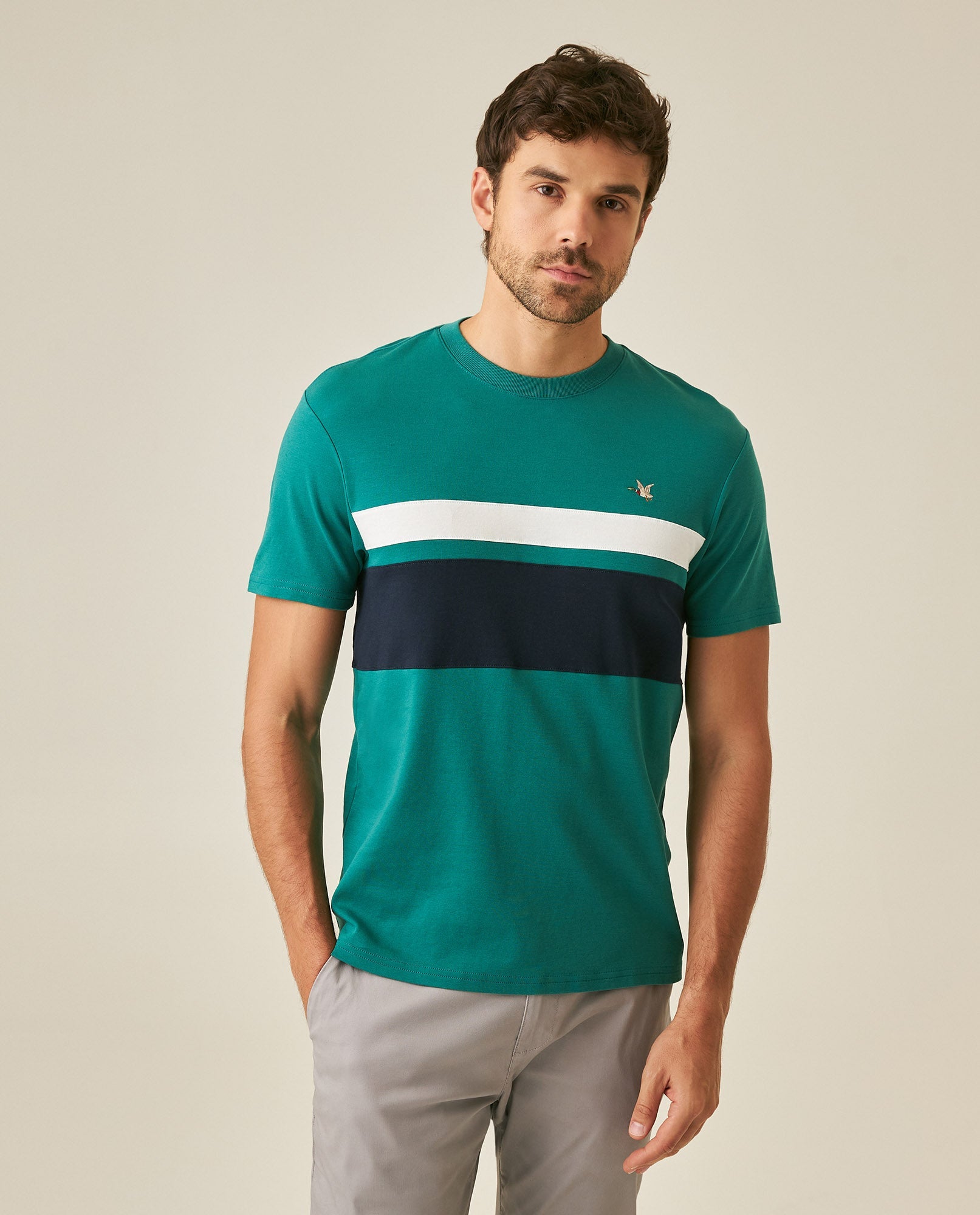 Men's T-Shirt Slim Fit Short Sleeve Cotton Jersey Normalized Varsity Color Blocks Tone on Tone Duck - Green