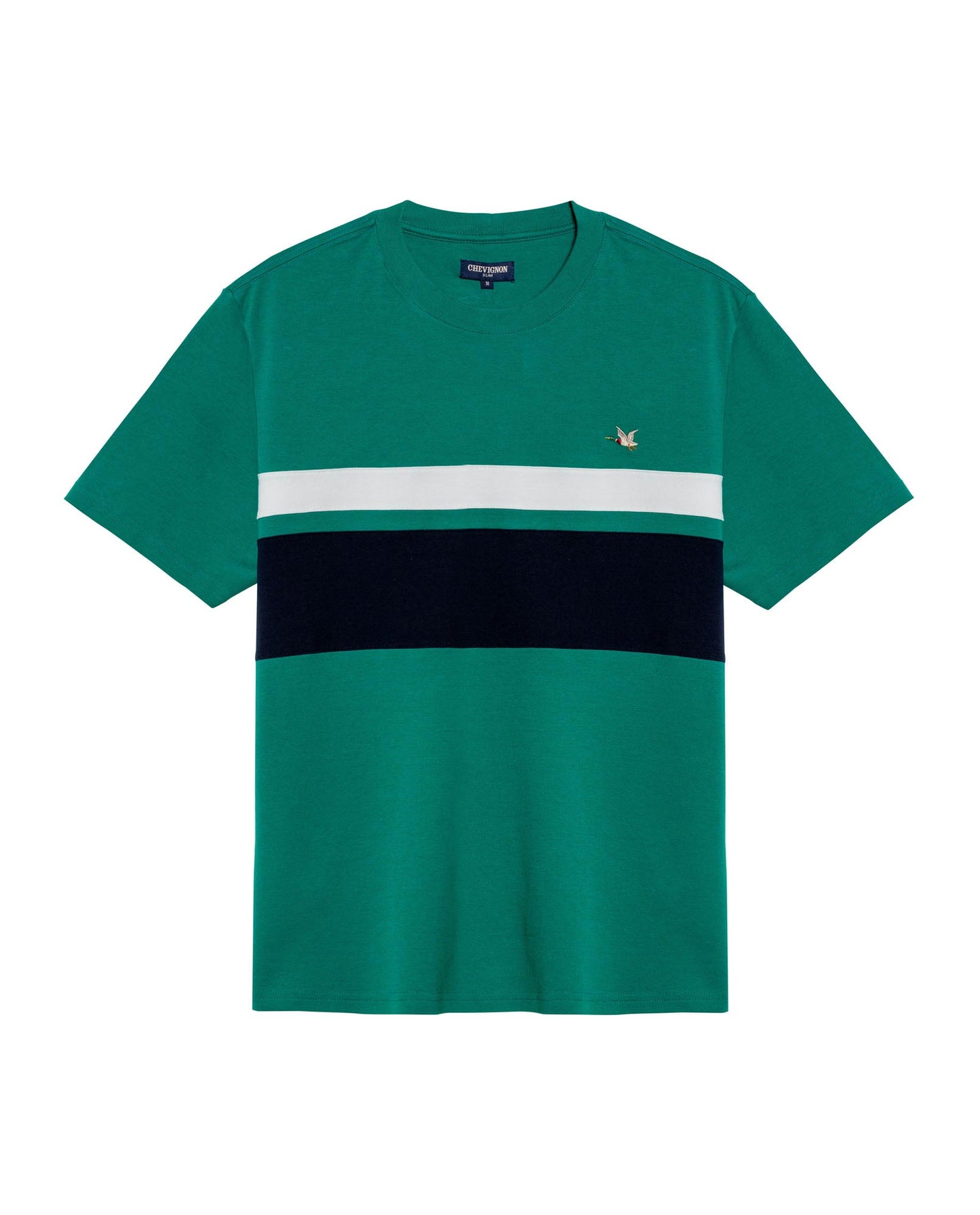 Men's T-Shirt Slim Fit Short Sleeve Cotton Jersey Normalized Varsity Color Blocks Tone on Tone Duck - Green