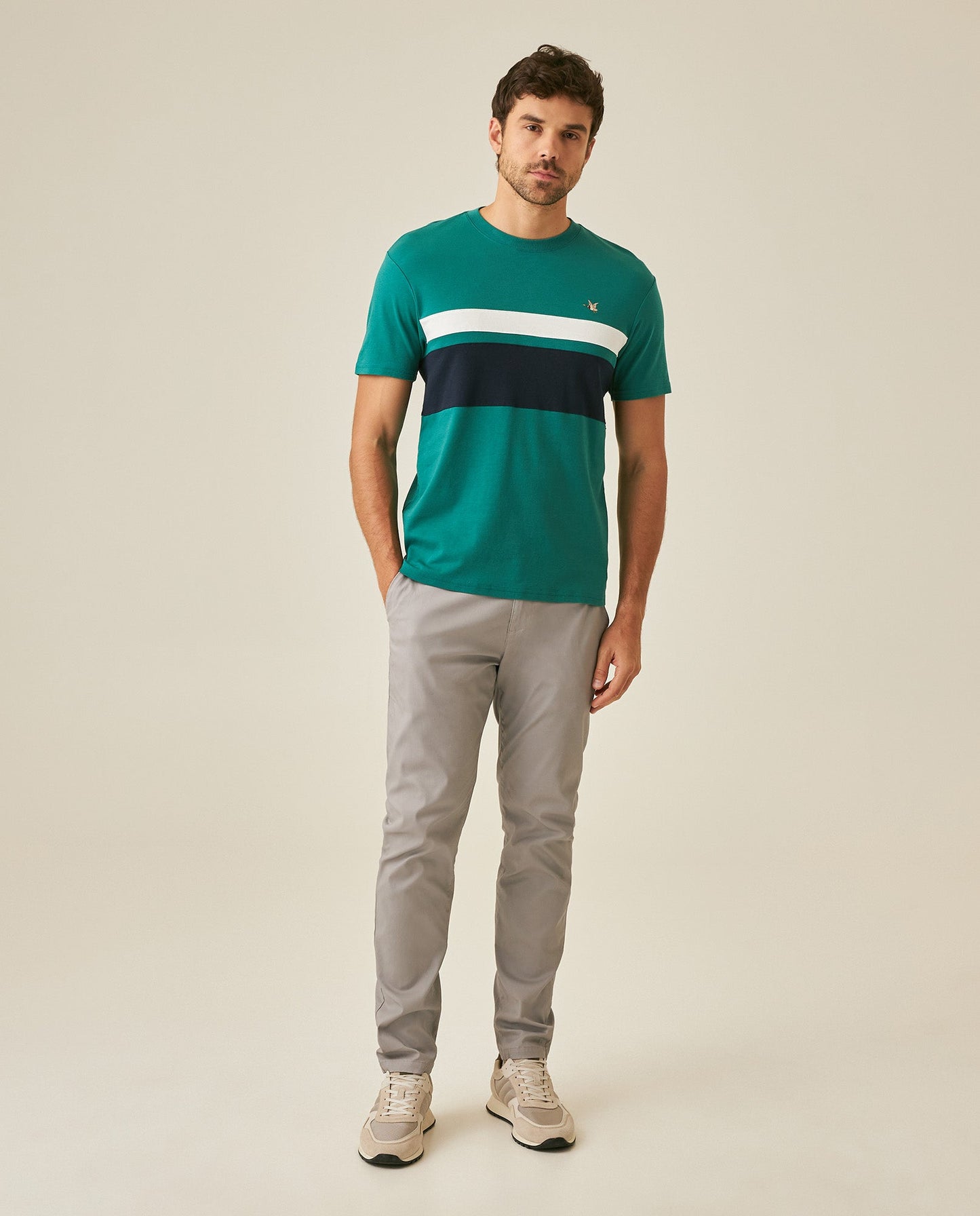 Men's T-Shirt Slim Fit Short Sleeve Cotton Jersey Normalized Varsity Color Blocks Tone on Tone Duck - Green