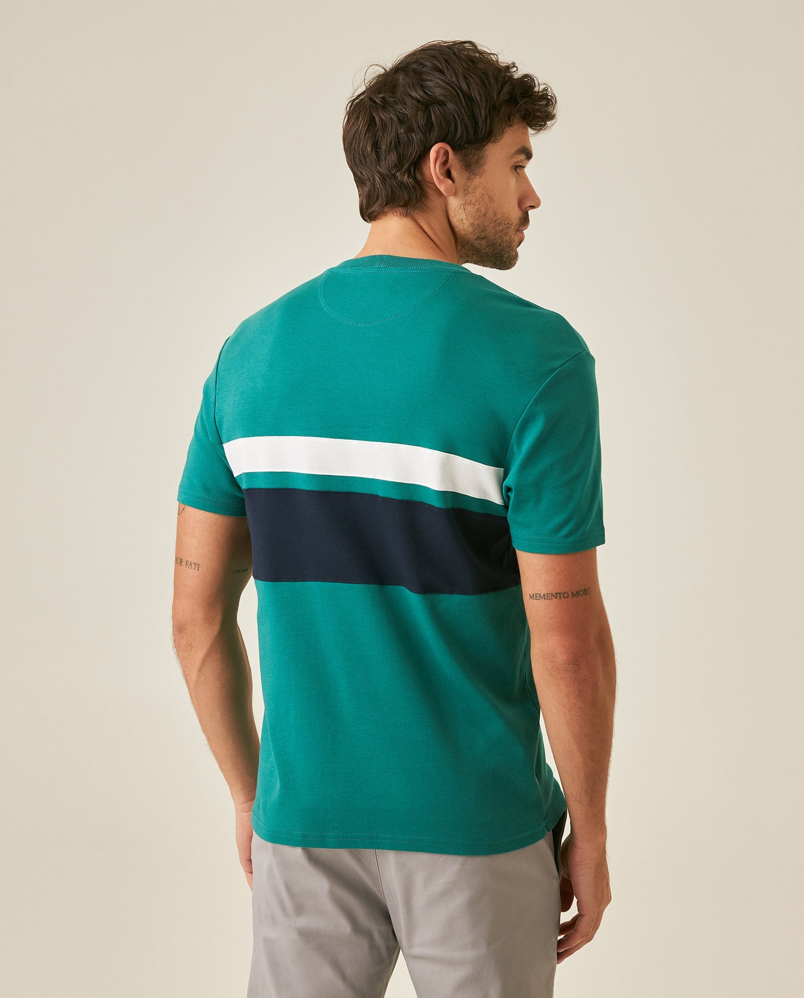 Men's T-Shirt Slim Fit Short Sleeve Cotton Jersey Normalized Varsity Color Blocks Tone on Tone Duck - Green