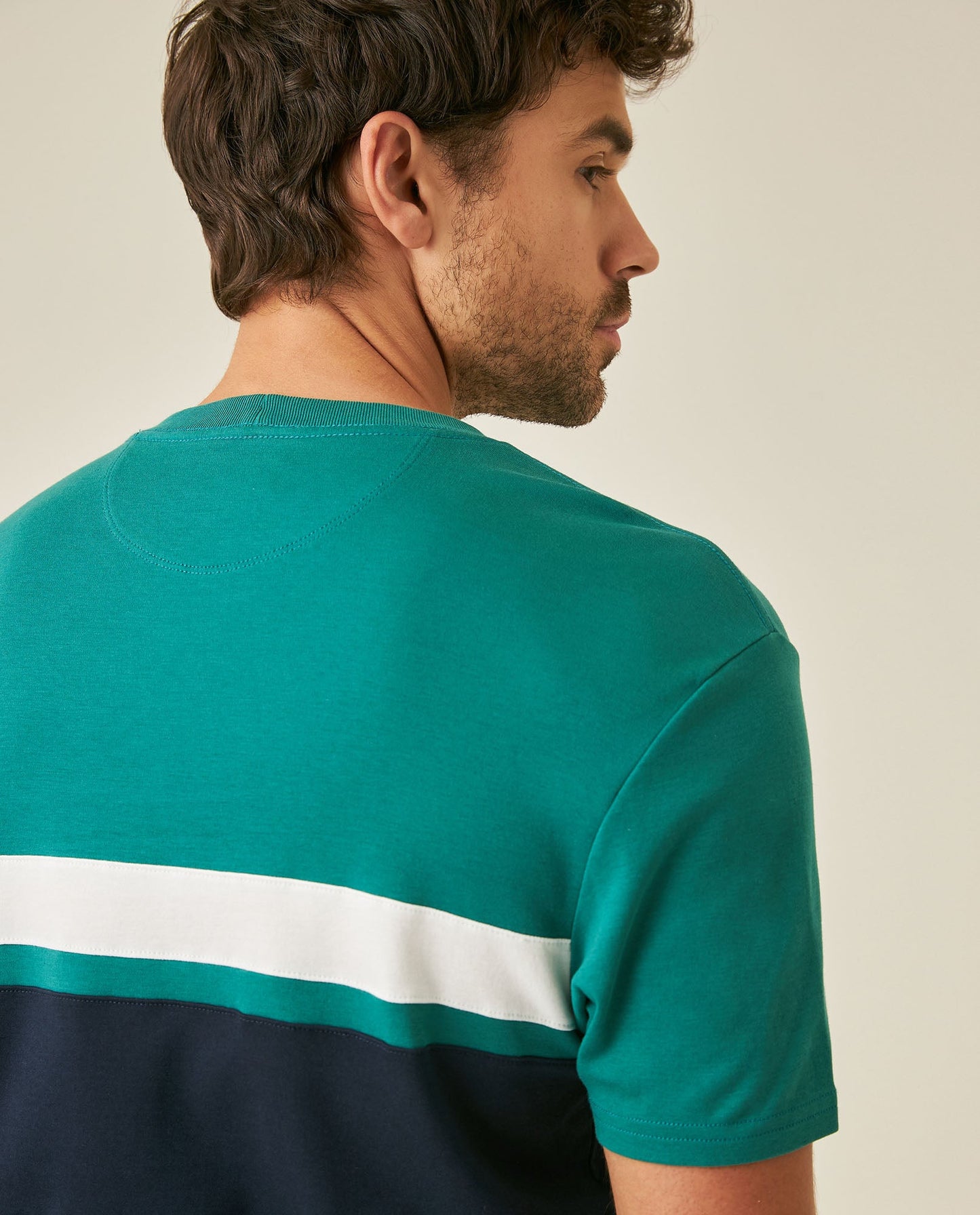 Men's T-Shirt Slim Fit Short Sleeve Cotton Jersey Normalized Varsity Color Blocks Tone on Tone Duck - Green