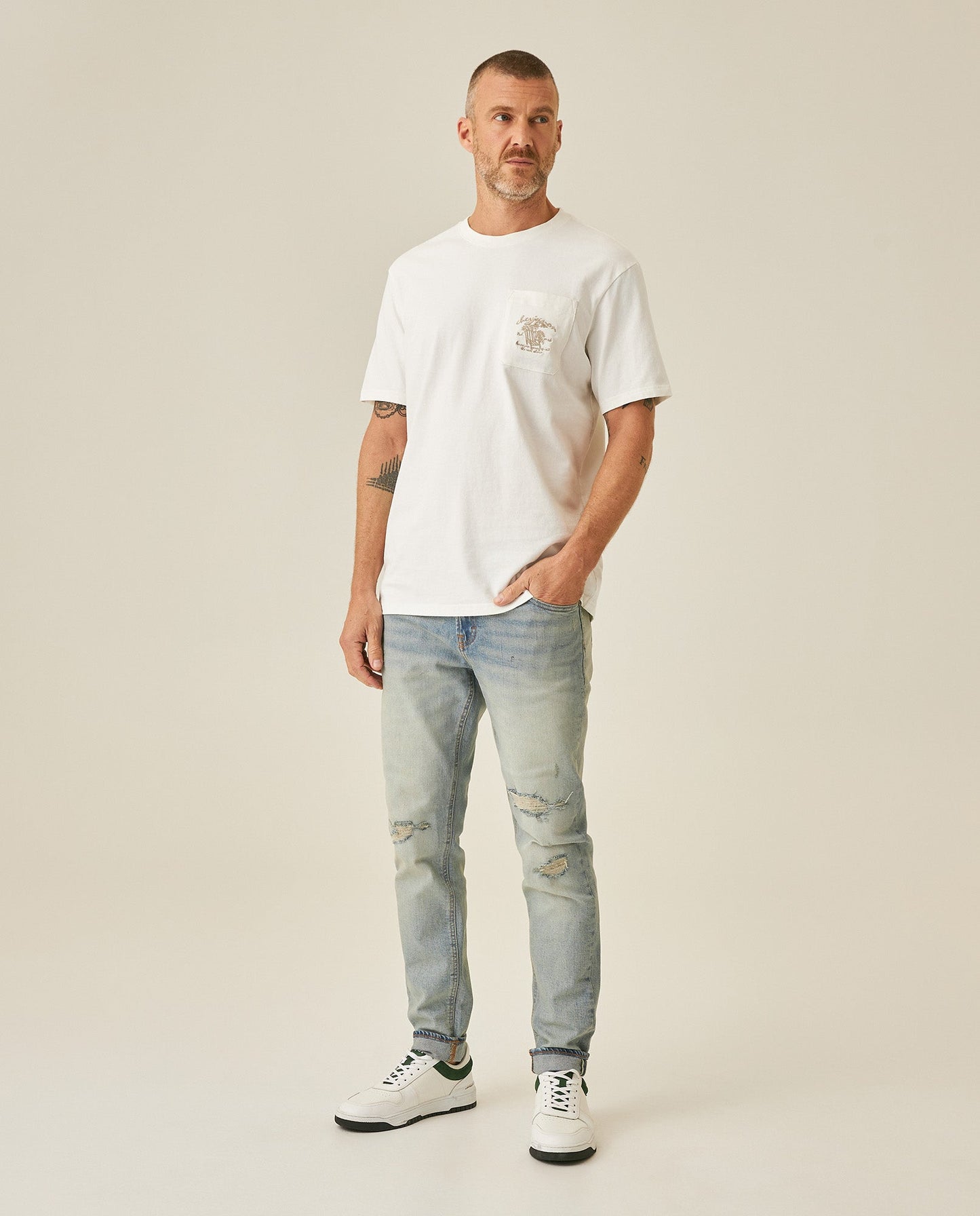 Men's T-Shirt Classic Fit Short Sleeve Cotton Jersey Medium Weight Embroidered Graphics Both Sides Pocket - Raw
