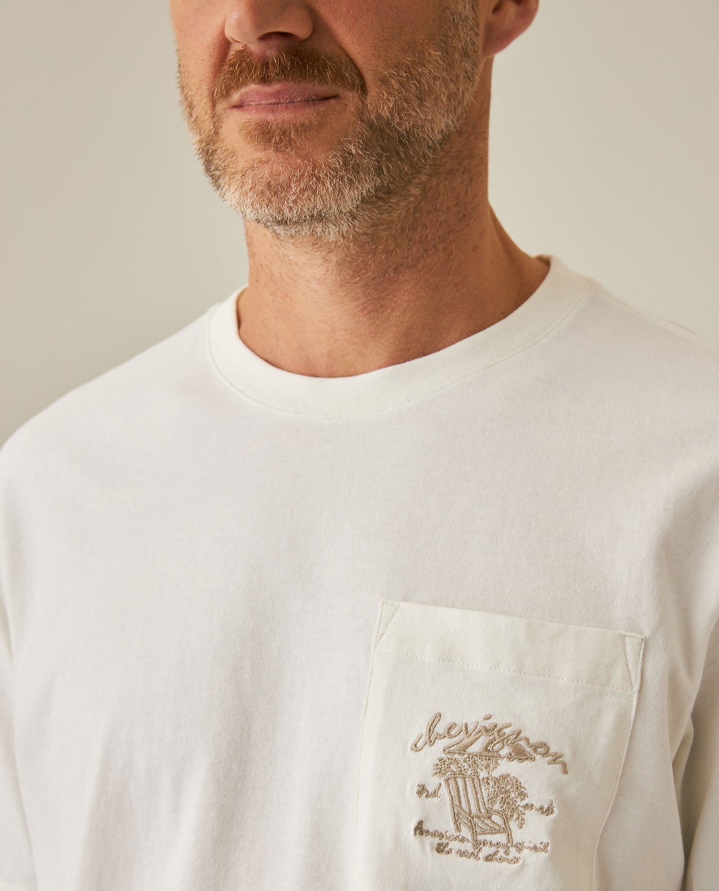 Men's T-Shirt Classic Fit Short Sleeve Cotton Jersey Medium Weight Embroidered Graphics Both Sides Pocket - Raw