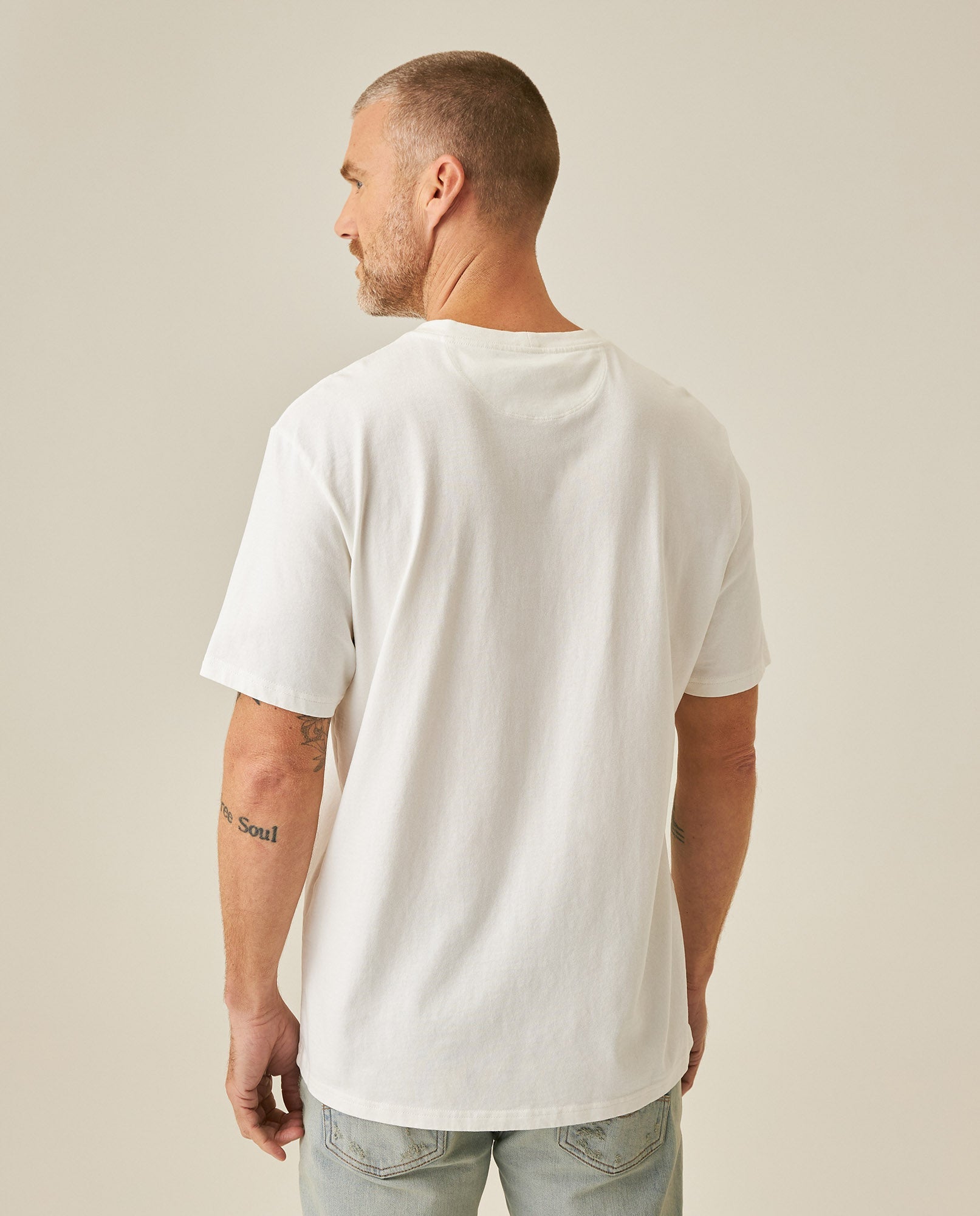 Men's T-Shirt Classic Fit Short Sleeve Cotton Jersey Medium Weight Embroidered Graphics Both Sides Pocket - Raw