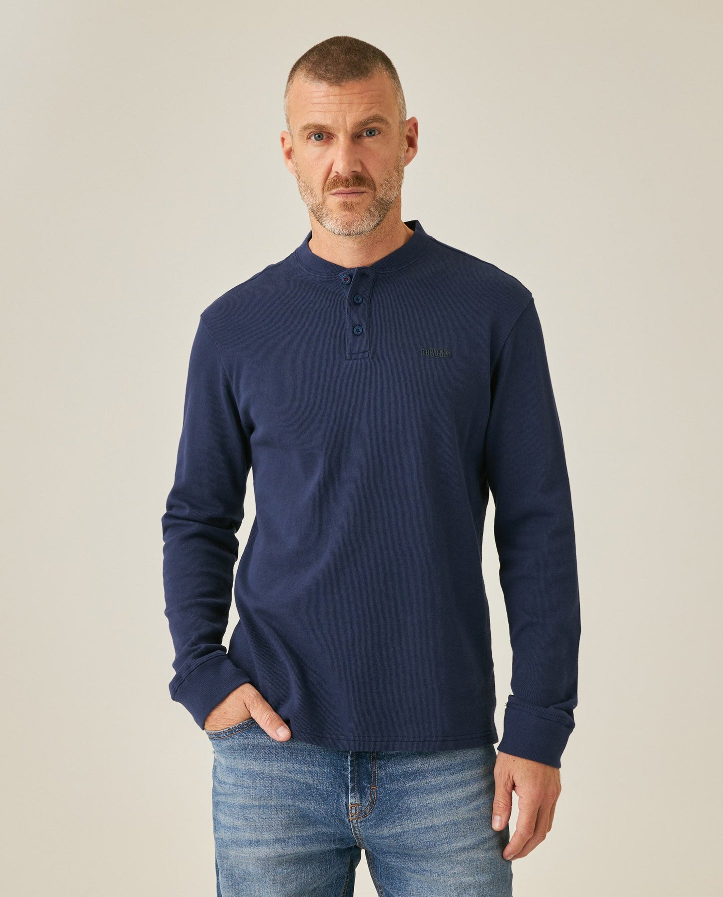Men's T-Shirt Slim Fit Long Sleeve Henley Collar Cotton Elastane Knitwear Simulation Tone on Tone Buttons - Blue