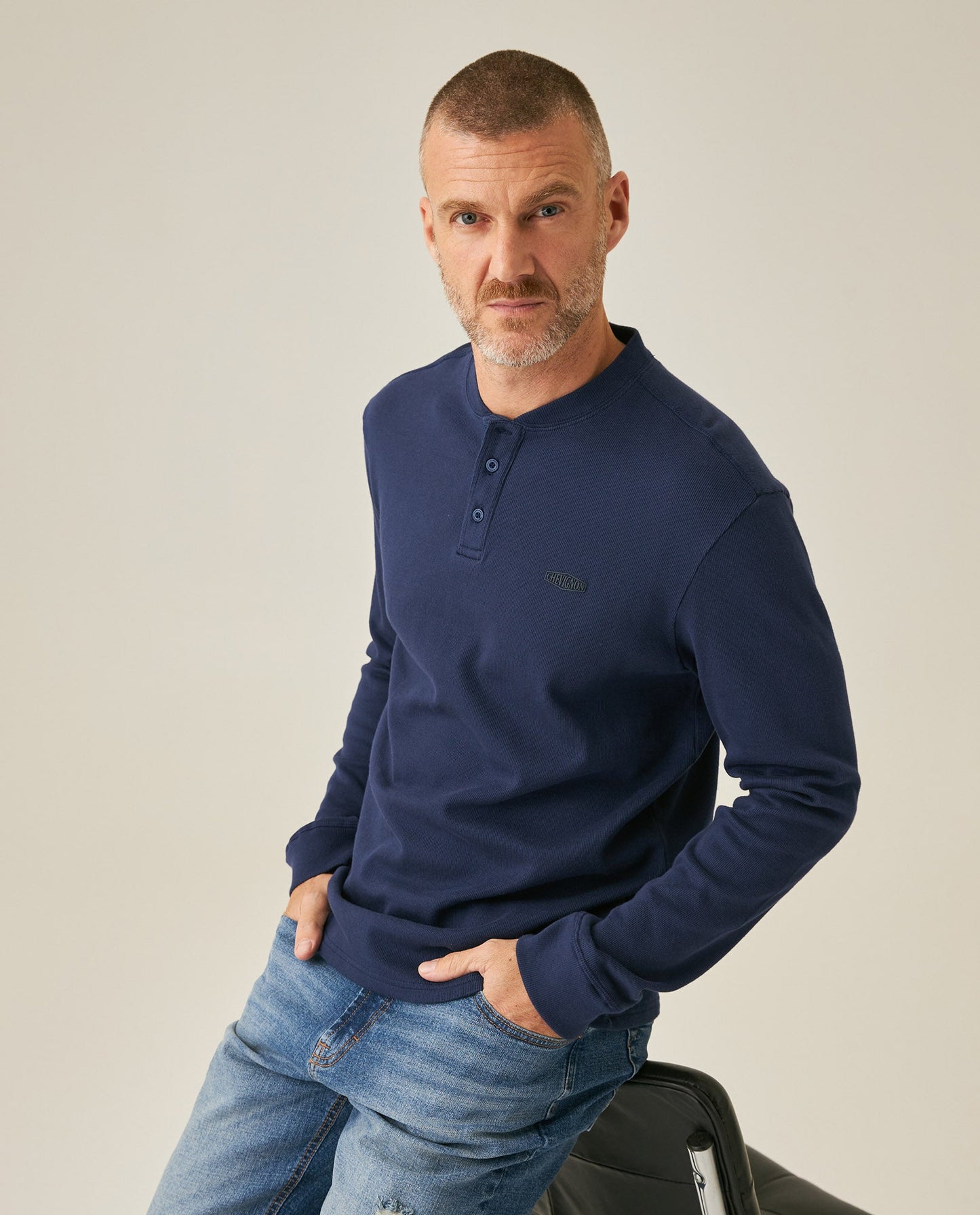 Men's T-Shirt Slim Fit Long Sleeve Henley Collar Cotton Elastane Knitwear Simulation Tone on Tone Buttons - Blue
