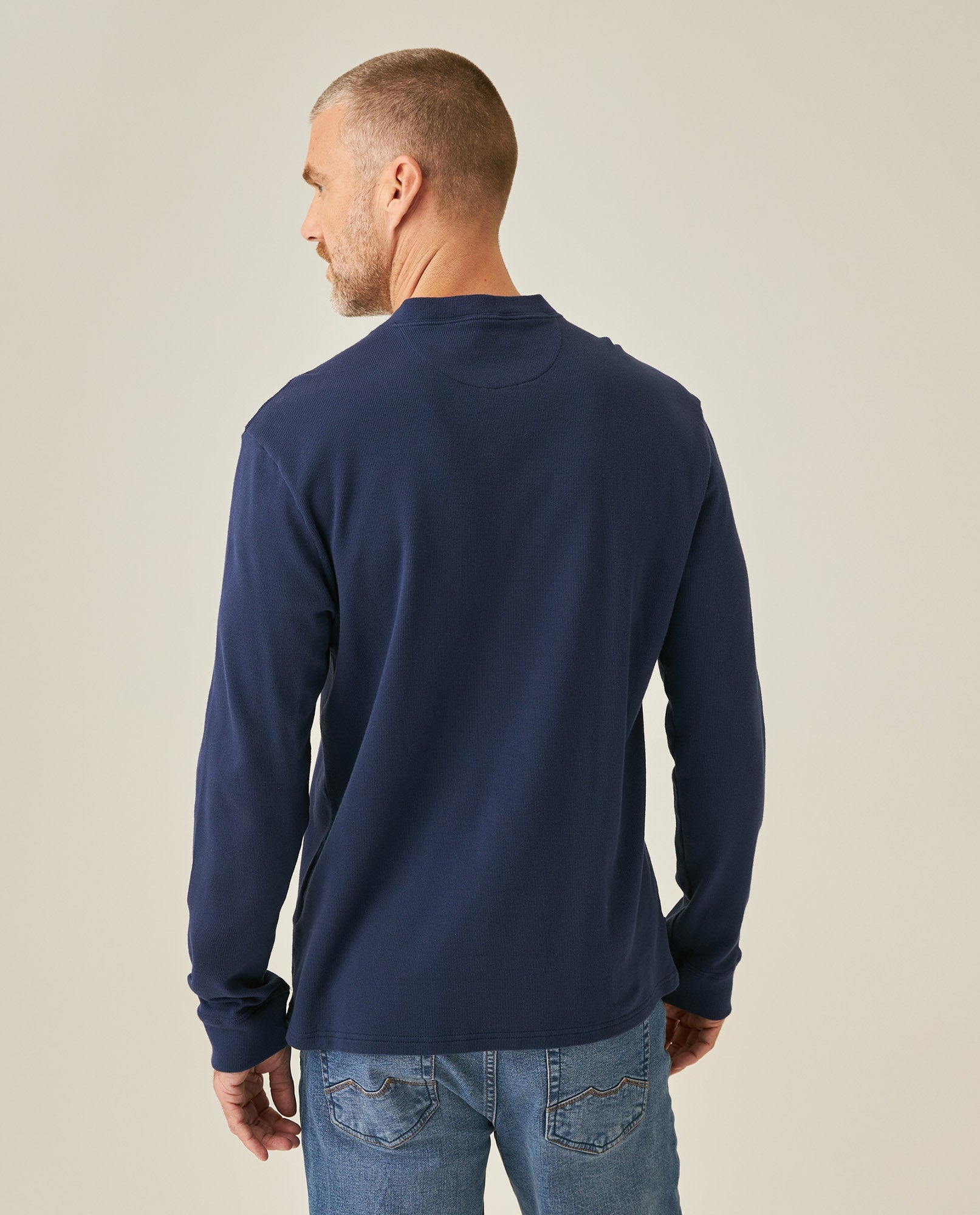Men's T-Shirt Slim Fit Long Sleeve Henley Collar Cotton Elastane Knitwear Simulation Tone on Tone Buttons - Blue