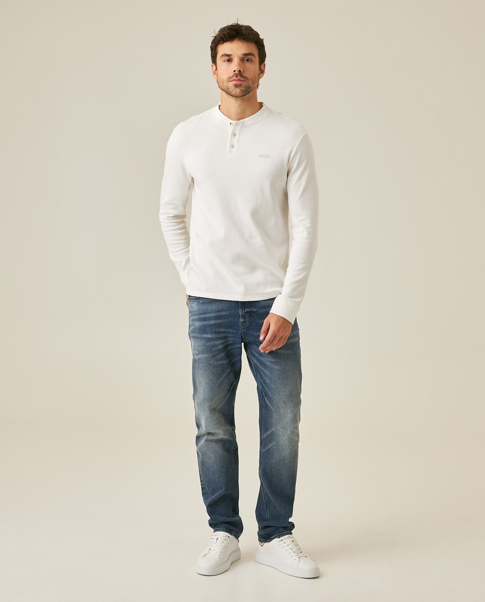 Men's T-Shirt Slim Fit Long Sleeve Henley Collar Cotton Elastane Knitwear Simulation Tone on Tone Buttons - Raw