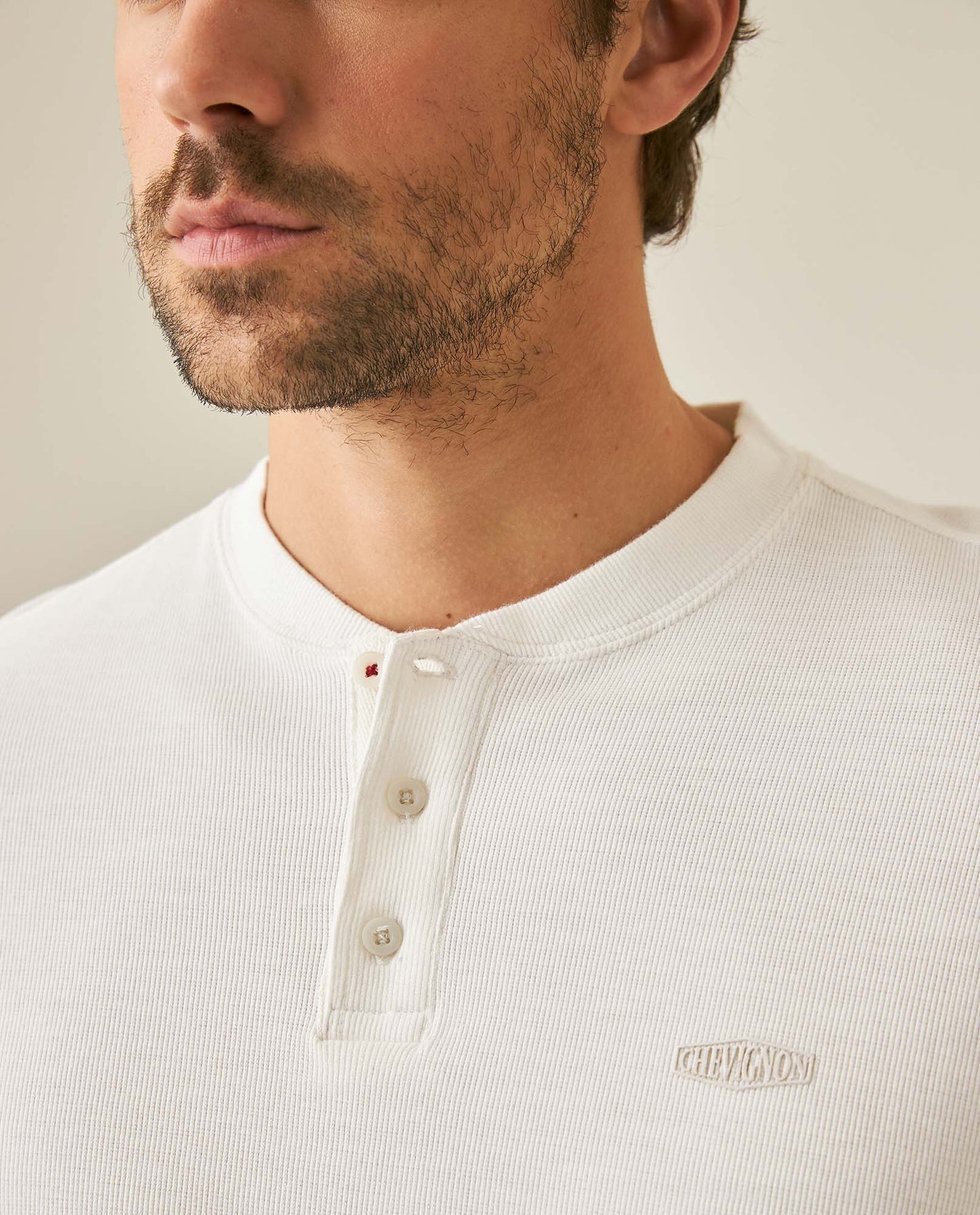 Men's T-Shirt Slim Fit Long Sleeve Henley Collar Cotton Elastane Knitwear Simulation Tone on Tone Buttons - Raw