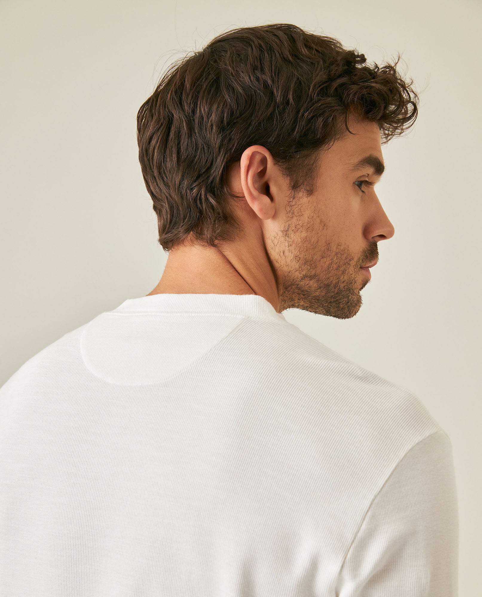 Men's T-Shirt Slim Fit Long Sleeve Henley Collar Cotton Elastane Knitwear Simulation Tone on Tone Buttons - Raw
