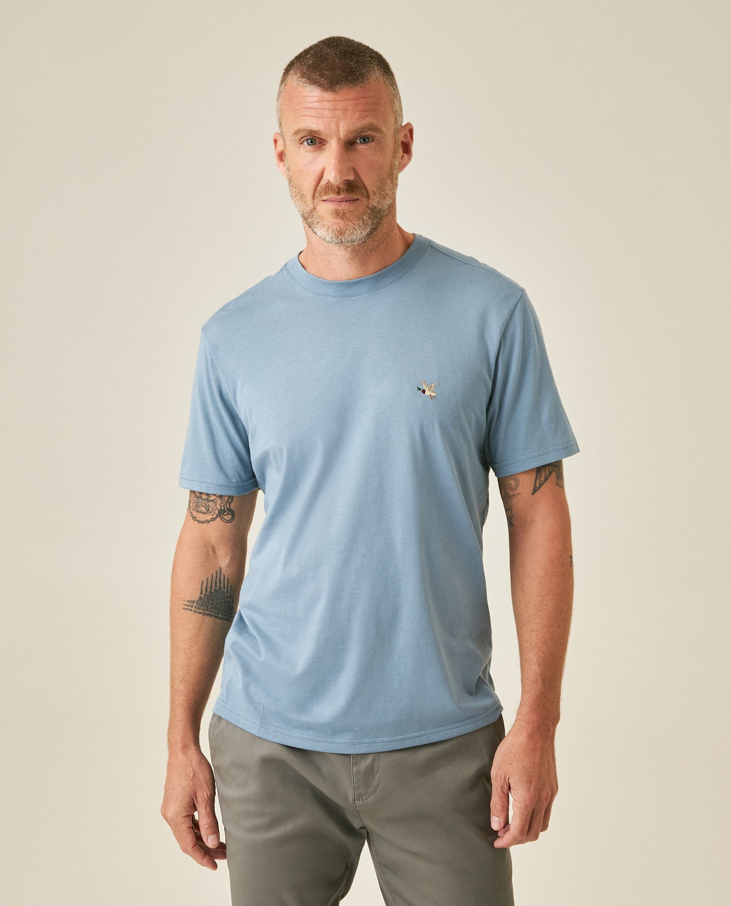 Men's T-Shirt Slim Fit Short Sleeve Crewneck Pima Cotton Vibrant Embroidered Duck Heart Point - Blue