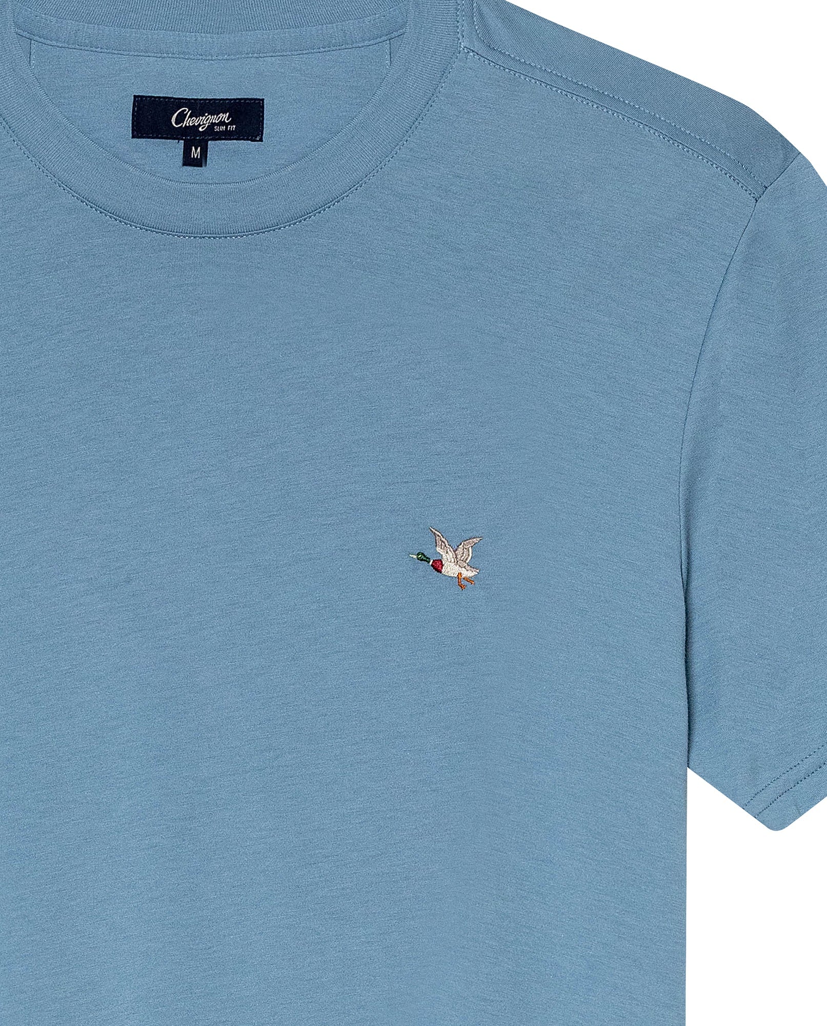 Men's T-Shirt Slim Fit Short Sleeve Crewneck Pima Cotton Vibrant Embroidered Duck Heart Point - Blue