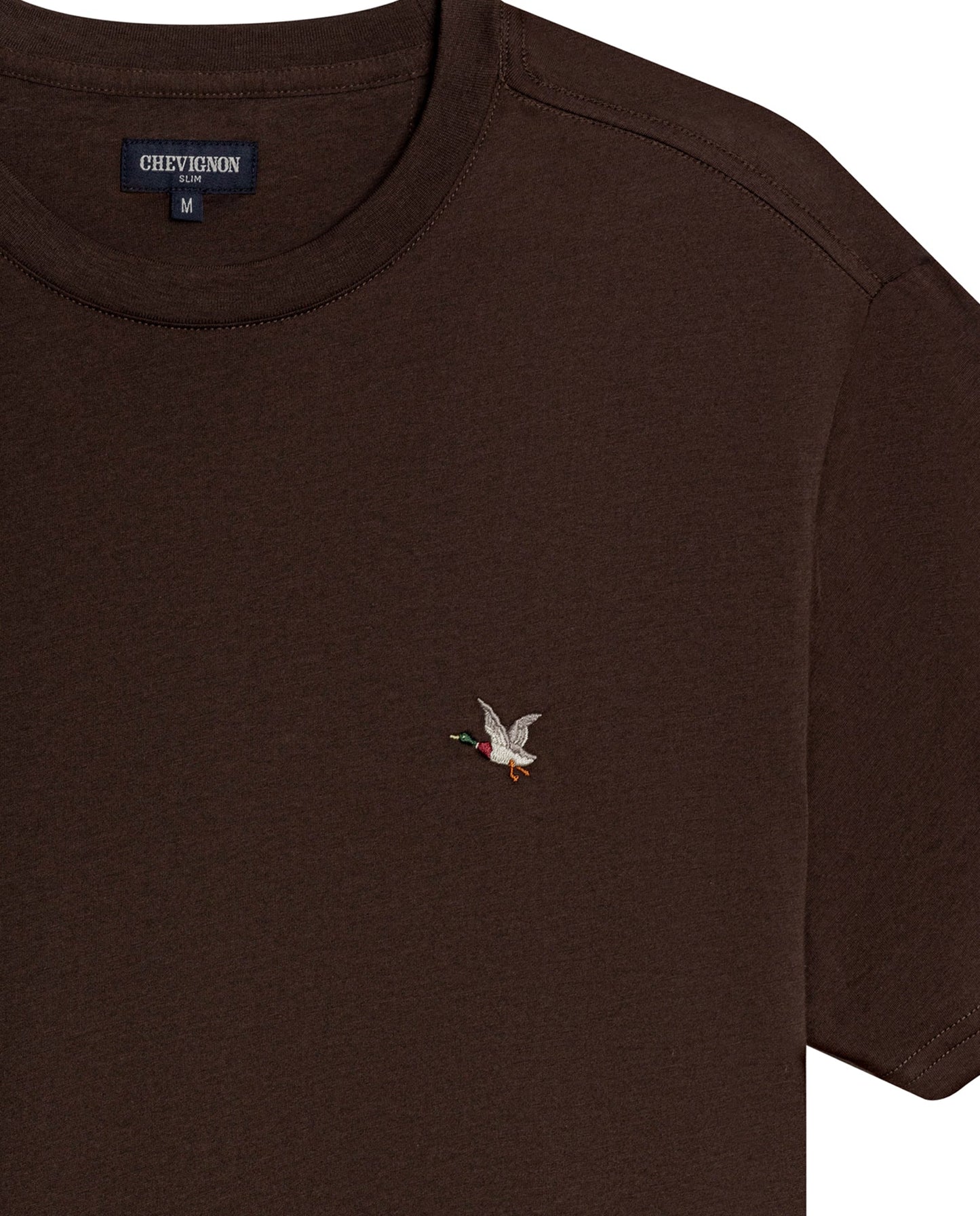 Men's T-Shirt Slim Fit Short Sleeve Crewneck Pima Cotton Vibrant Embroidered Duck Heart Point - Brown