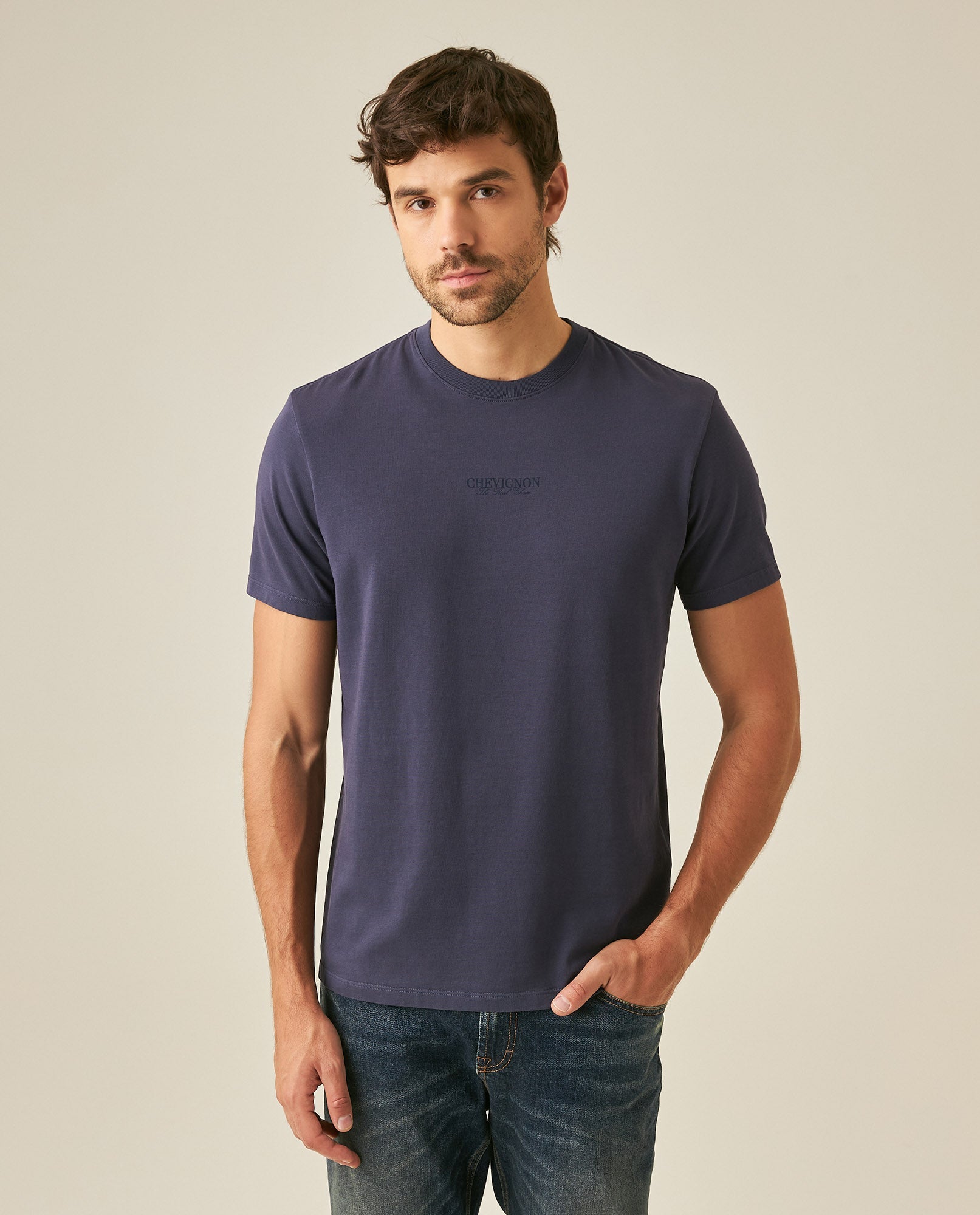 Men's T-Shirt Classic Fit Short Sleeve Cotton Jersey Heavy Washed Front Graphics Back Appliqué - Blue