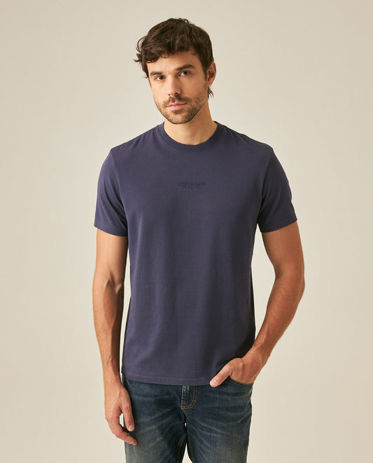 Men's T-Shirt Classic Fit Short Sleeve Cotton Jersey Heavy Washed Front Graphics Back Appliqué - Blue