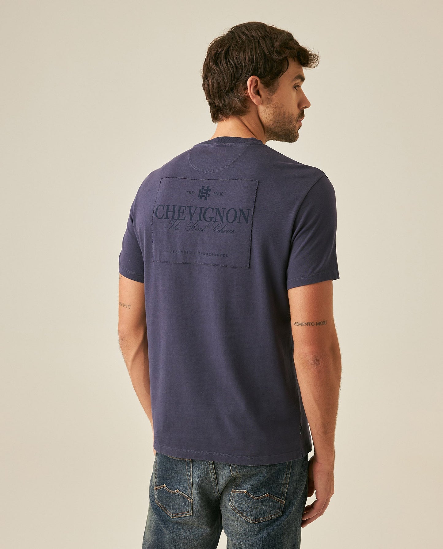 Men's T-Shirt Classic Fit Short Sleeve Cotton Jersey Heavy Washed Front Graphics Back Appliqué - Blue