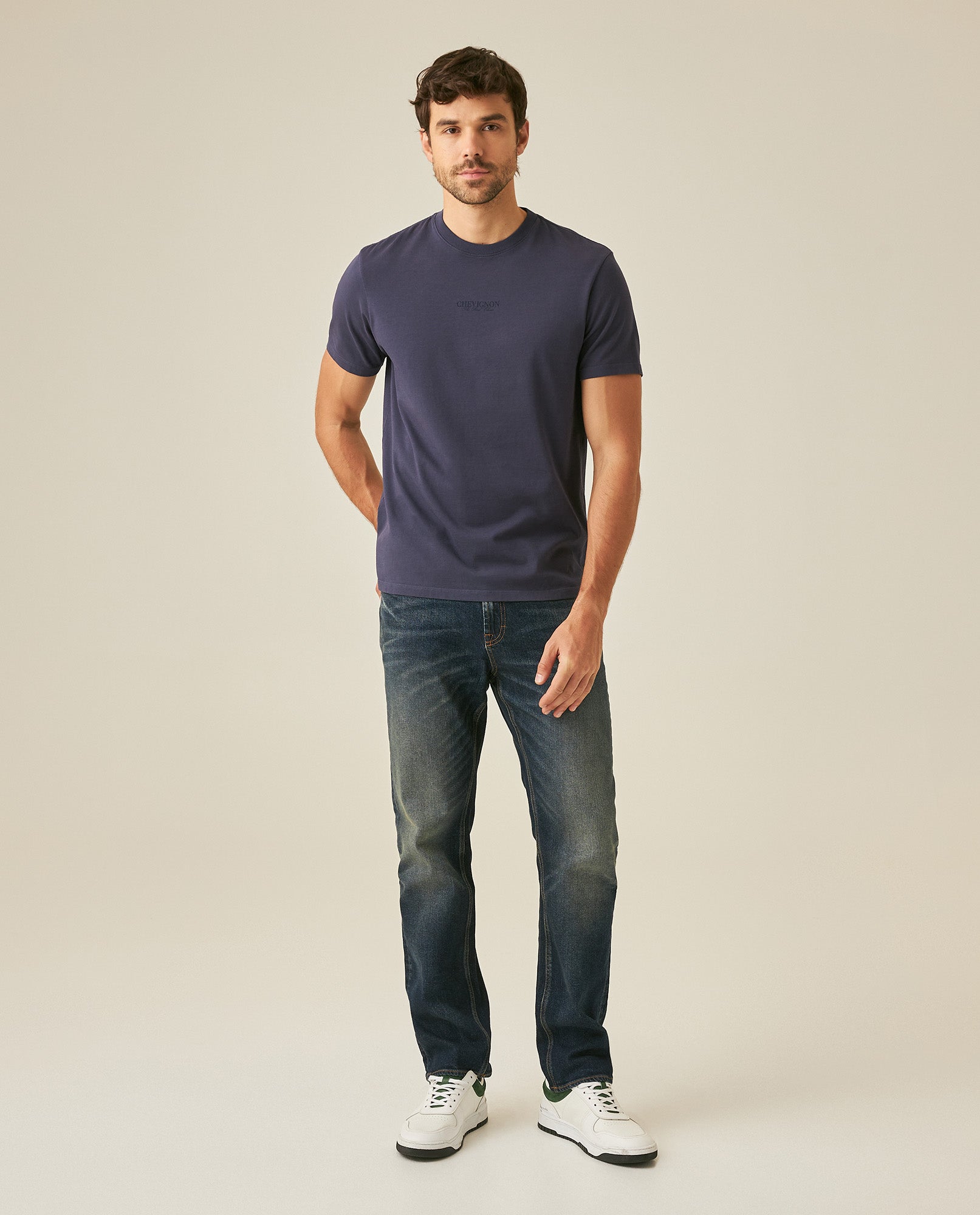 Men's T-Shirt Classic Fit Short Sleeve Cotton Jersey Heavy Washed Front Graphics Back Appliqué - Blue