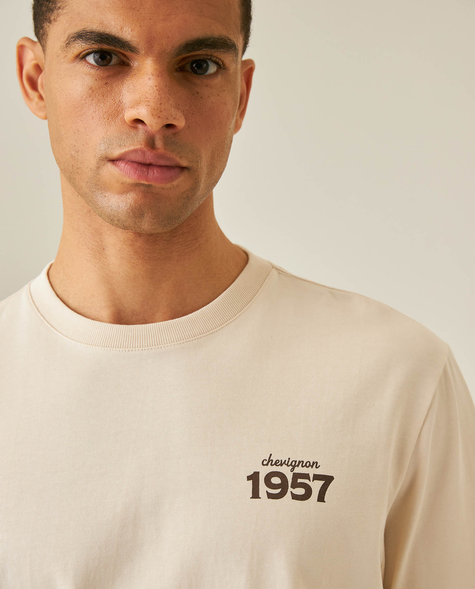 Men's T-Shirt Long Sleeve Classic Fit Cotton Jersey Medium Weight Mixed Typography Front Back - Raw