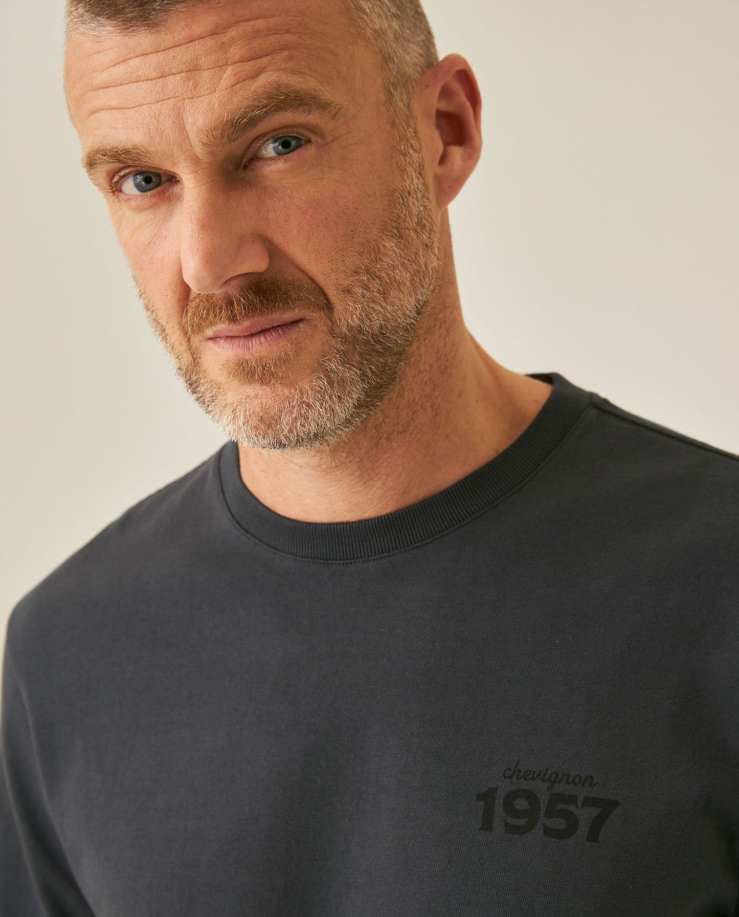 Men's T-Shirt Long Sleeve Classic Fit Cotton Jersey Medium Weight Mixed Typography Front Back - Gray