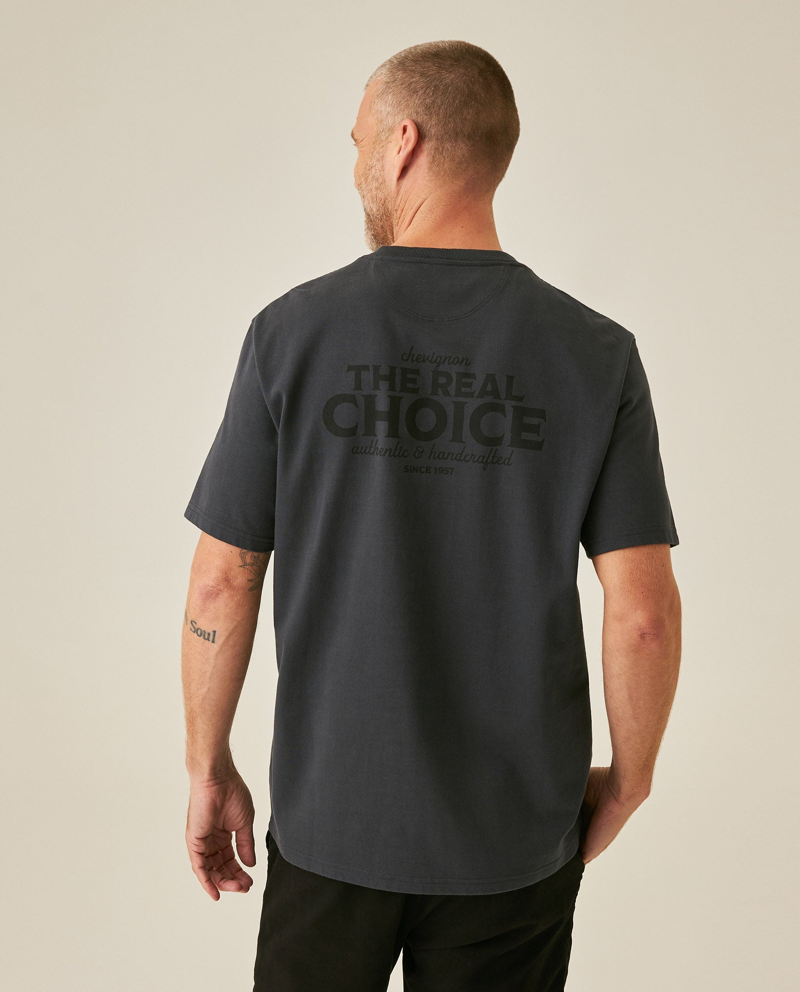 Men's T-Shirt Long Sleeve Classic Fit Cotton Jersey Medium Weight Mixed Typography Front Back - Gray