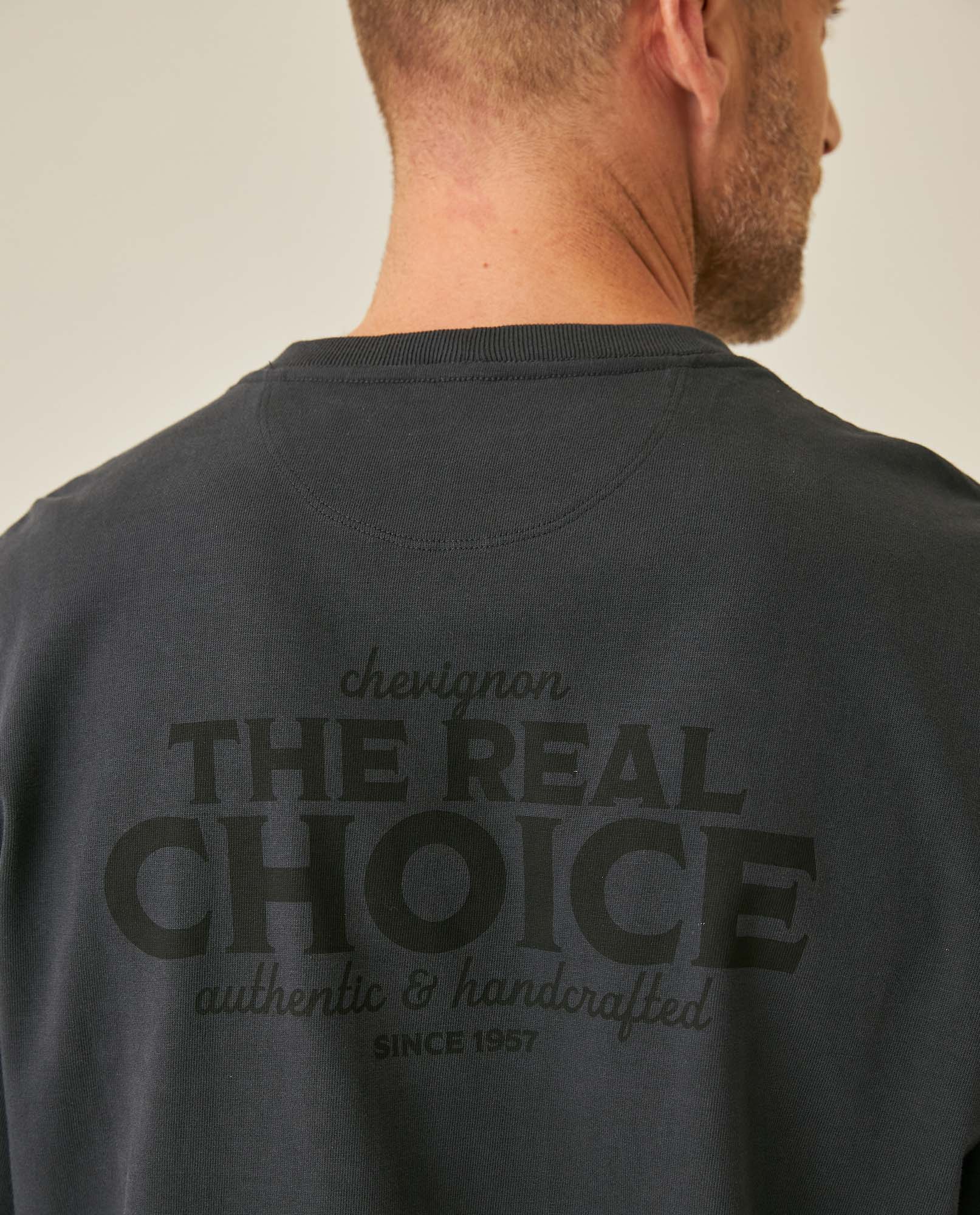 Men's T-Shirt Long Sleeve Classic Fit Cotton Jersey Medium Weight Mixed Typography Front Back - Gray