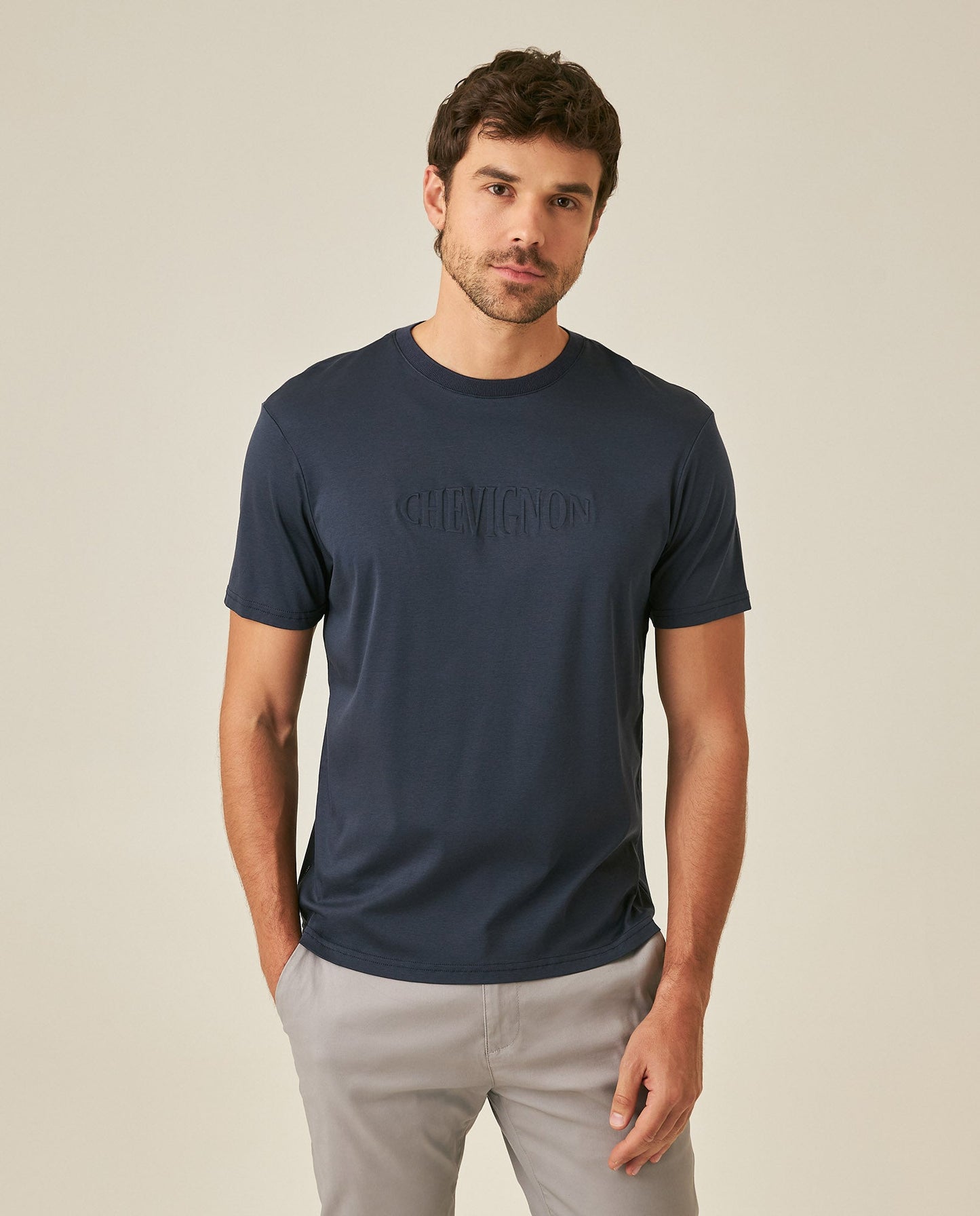 Men's T-Shirt Slim Fit Short Sleeve Modal Cotton Embossed Relief Graphic Touch - Blue