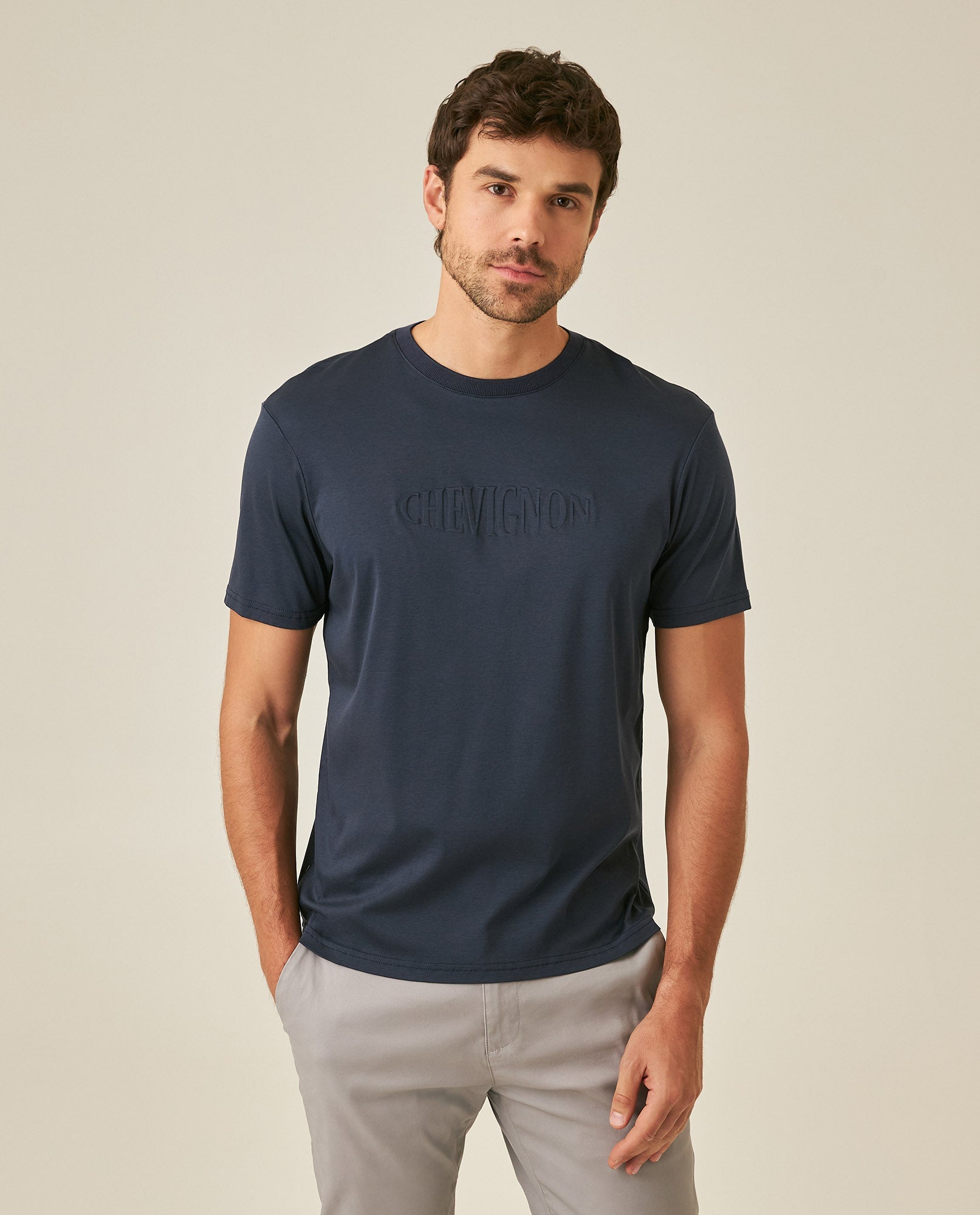 Men's T-Shirt Slim Fit Short Sleeve Modal Cotton Embossed Relief Graphic Touch - Blue