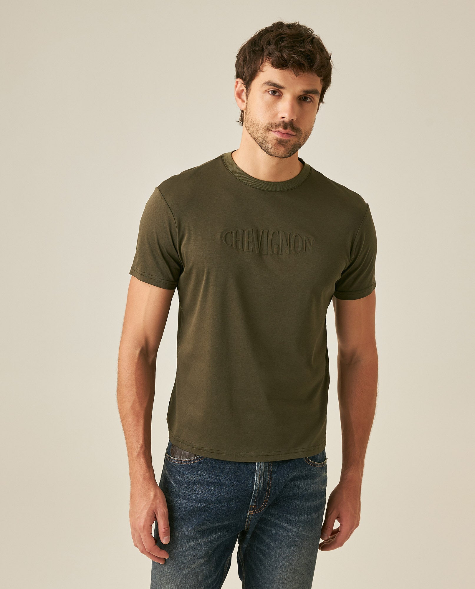 Men's T-Shirt Slim Fit Short Sleeve Modal Cotton Embossed Relief Graphic Touch - Green