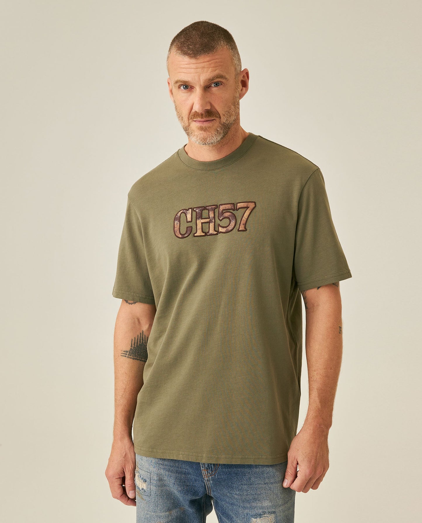 Men's T-Shirt Classic Fit Short Sleeve Crewneck Cotton Jersey Medium Weight Military Camo Aesthetic Chest Graphic - Green